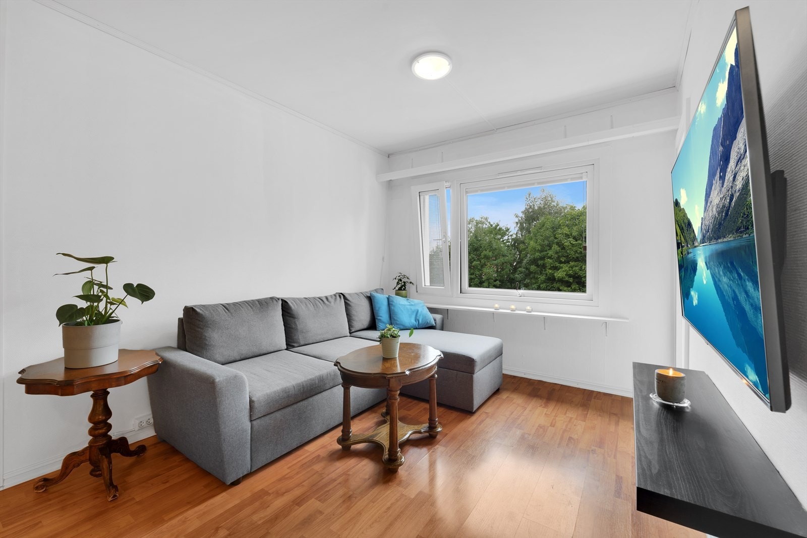 Stuen oppleves som lys og romslig. Overflater består av nymalte vegger samt laminatgulv. Galleribilde