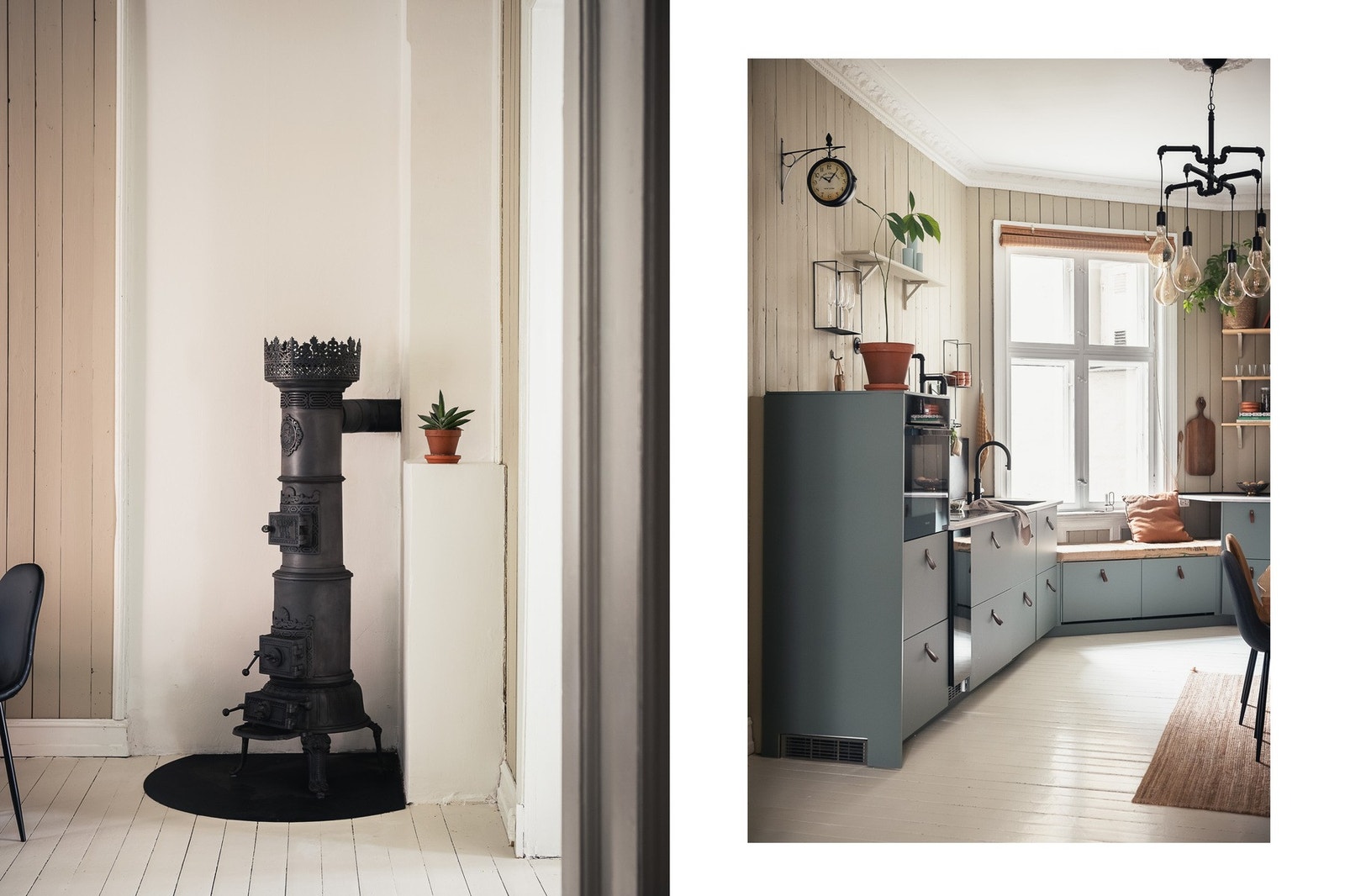 Rommet har et klassisk uttrykk med vedovn, stukkatur og rosett, og er pent dekorert med lystonede veggflater og malt tregulv. Galleribilde