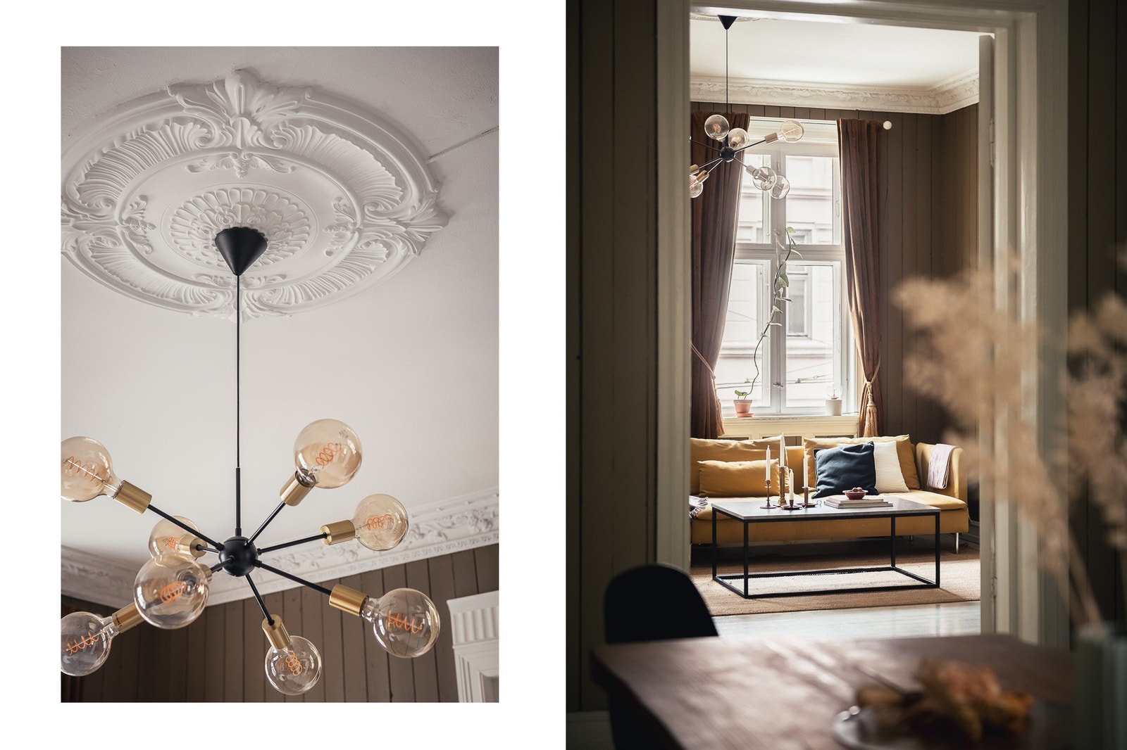 Stuen er romslig og lys, med originale tregulv som er pent malt, og elegante stukkaturer som underbygger rommets klassiske og ærverdige preg. Galleribilde