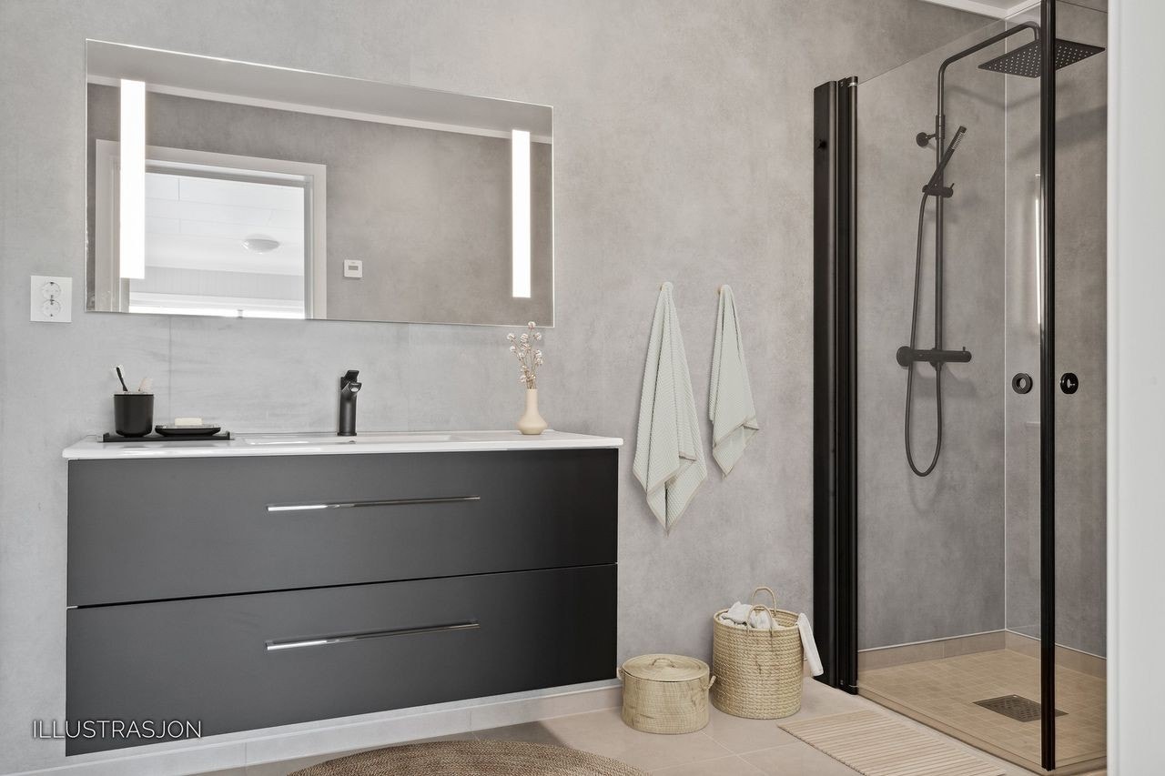 Bad i underetasje med sorte detaljer. Illustrerte møbler. Galleribilde