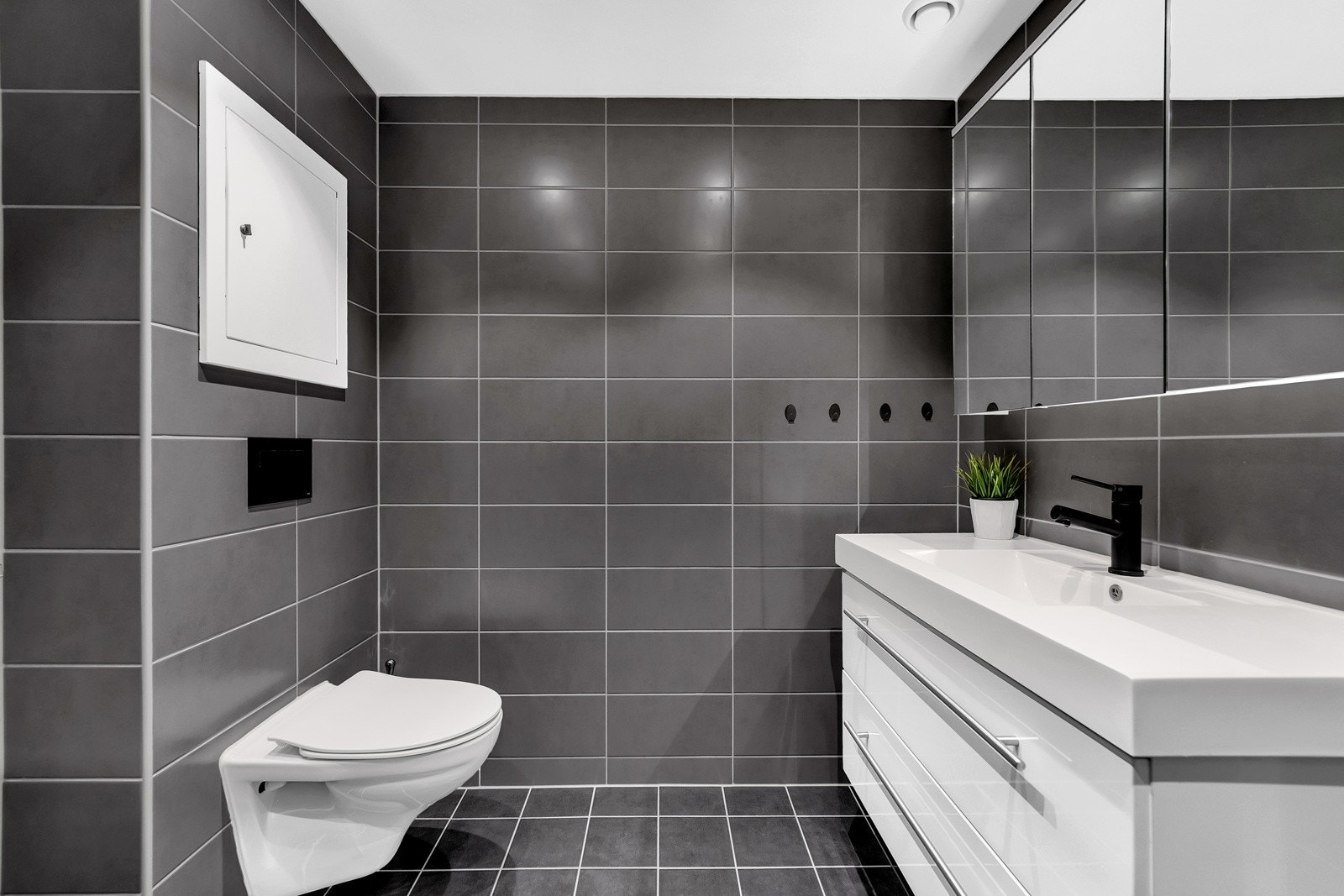 Badet har veggmontert toalett, dusjdører i herdet glass, speilskap og baderomsinnredning med høyglans fronter. Galleribilde