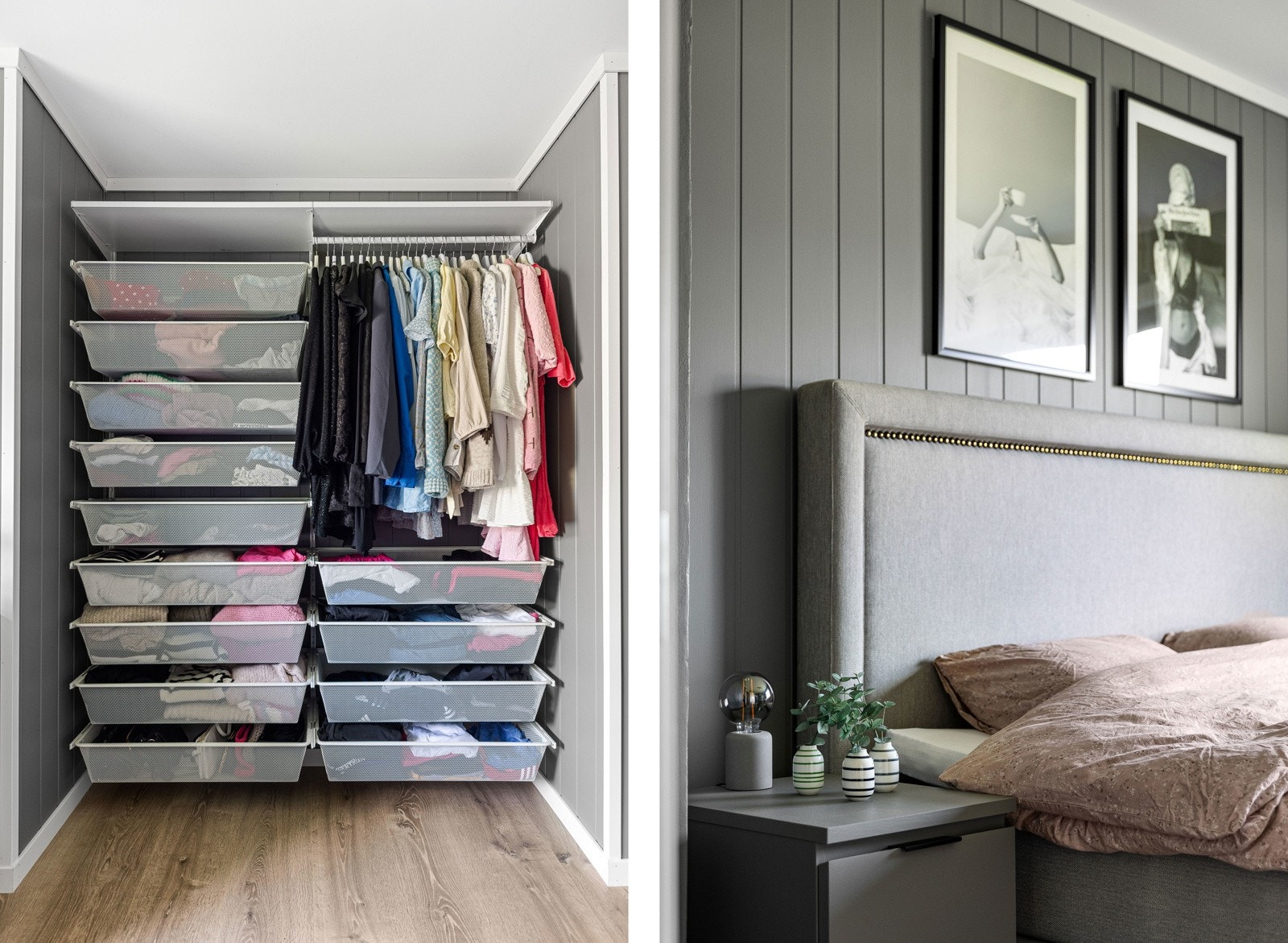 I en nisje på rommet er det åpen garderobe med skuffer som kan justeres i høyden. Galleribilde