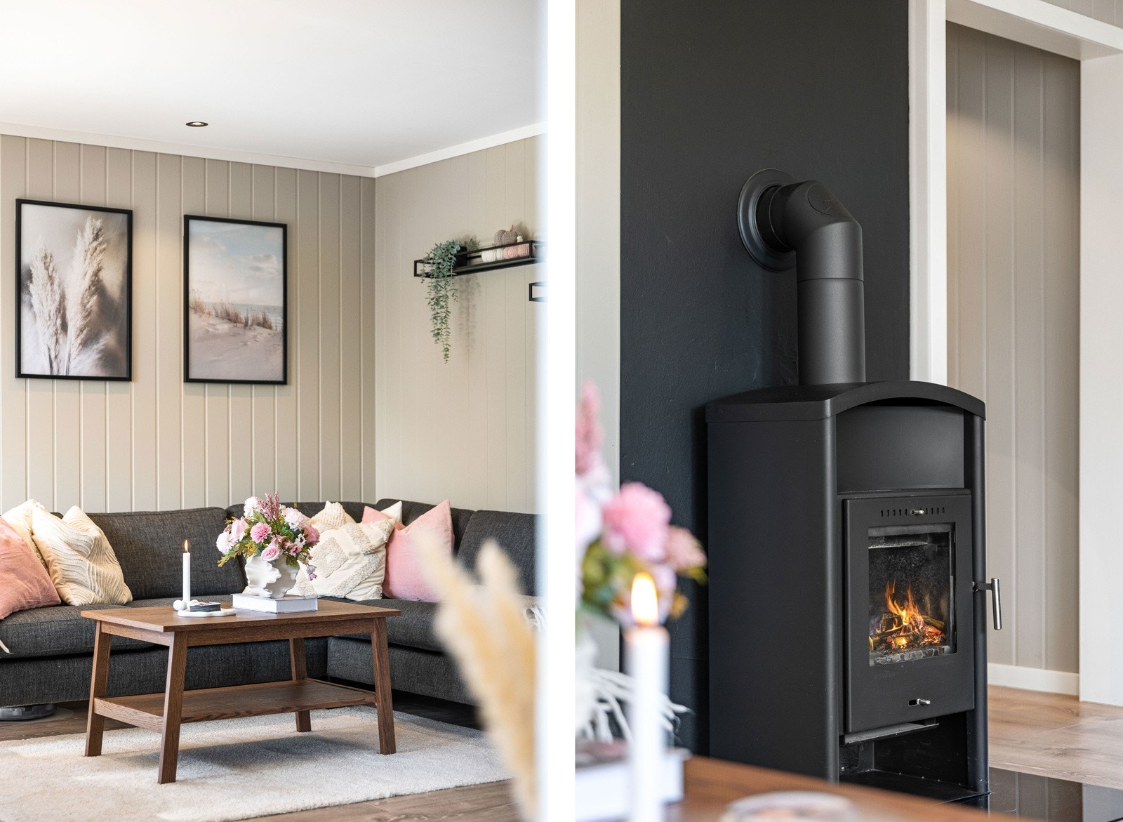 Fra en koselig sofakrok kan man nyte varmen fra en peisovn som gir ekstra hygge på de kjølige dagene. Galleribilde