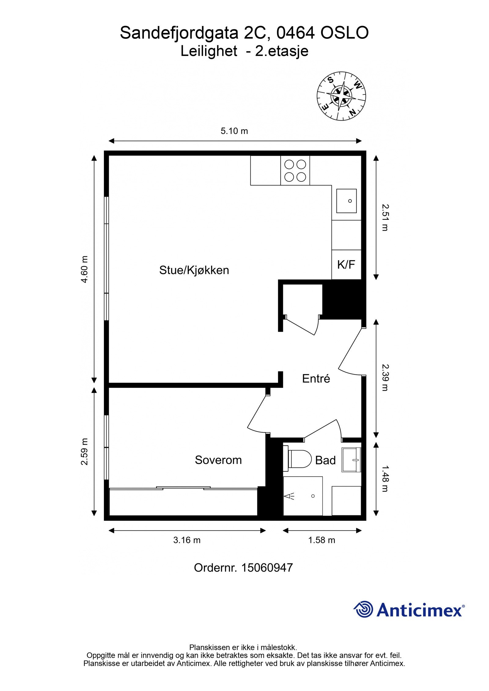 Plantegning. I tillegg disponerer leiligheten en kjellerbod på ca. 4m², samt en loftsbod med gulvareal på ca. 8m² (ikke måleverdig areal). Galleribilde