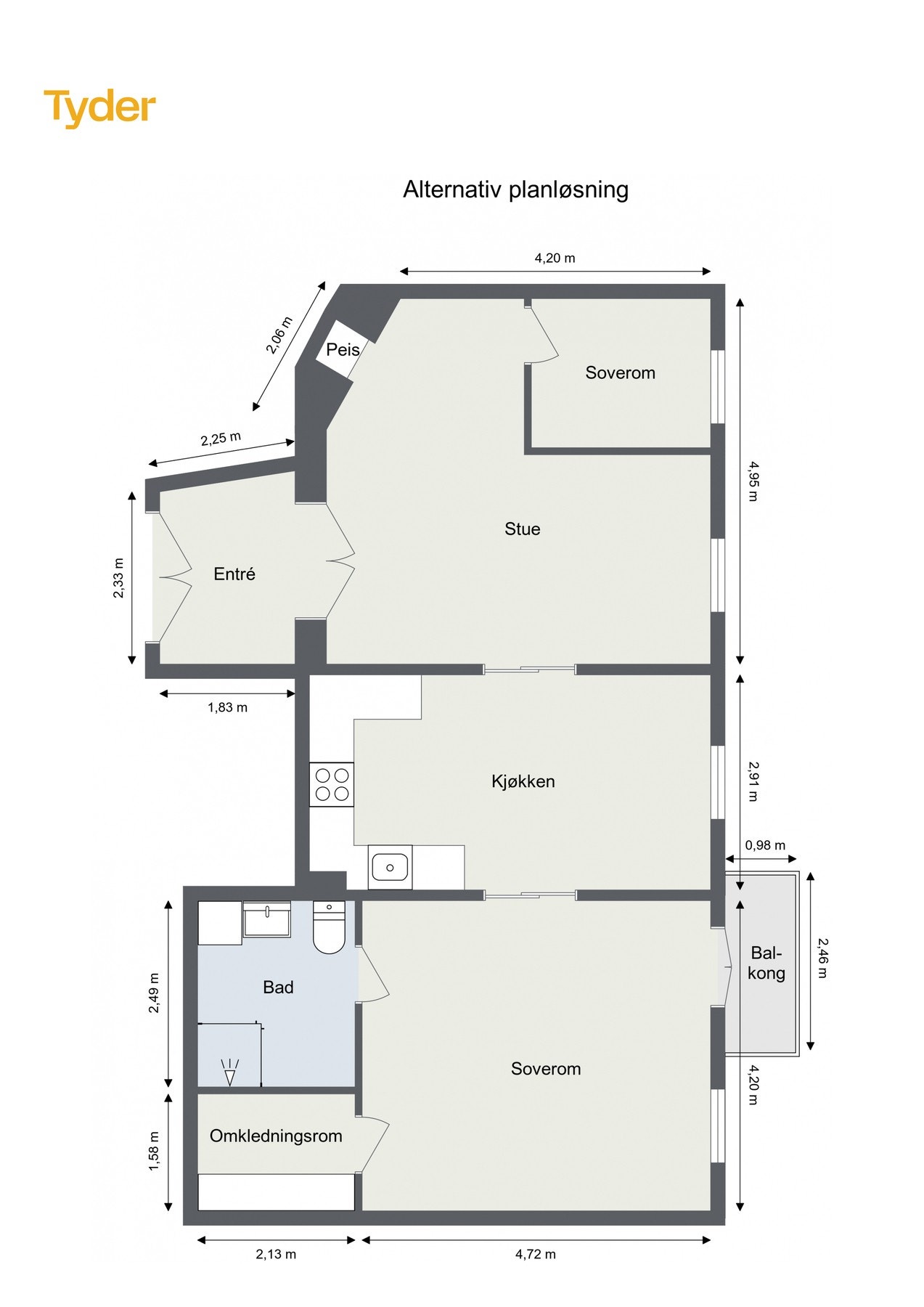Alternativ plantegning som 3-roms. Galleribilde