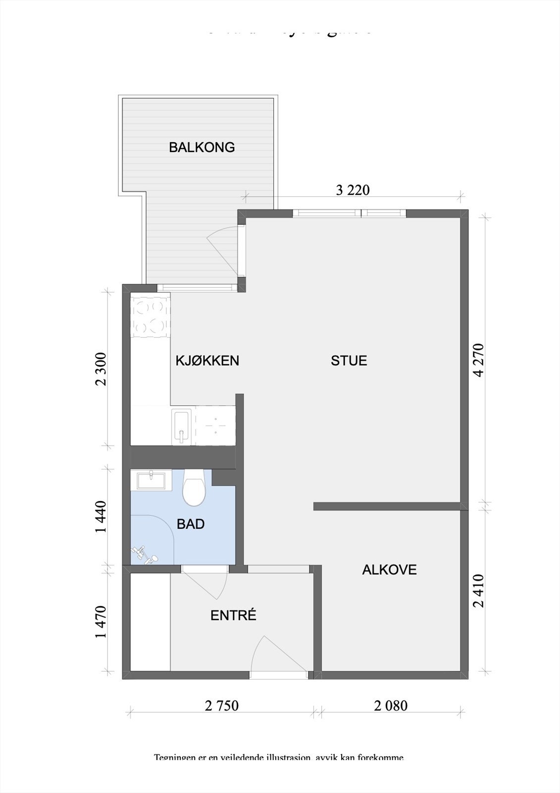 Plantegning. Leiligheten inneholder entré, bad, sovealkove, kjøkken og stue med utgang til balkong. I tillegg disponerer leiligheten en bod. Galleribilde
