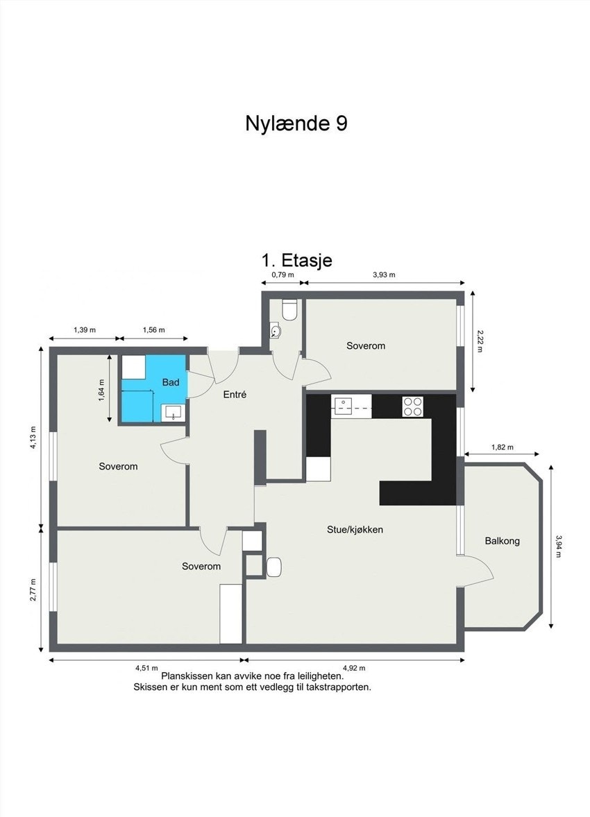 Planskisse. Leiligheten disponerer 2 kjellerboder på hhv. 2,6 og 3,9 m² og loftsbod med gulvareal på ca. 14 m². Galleribilde