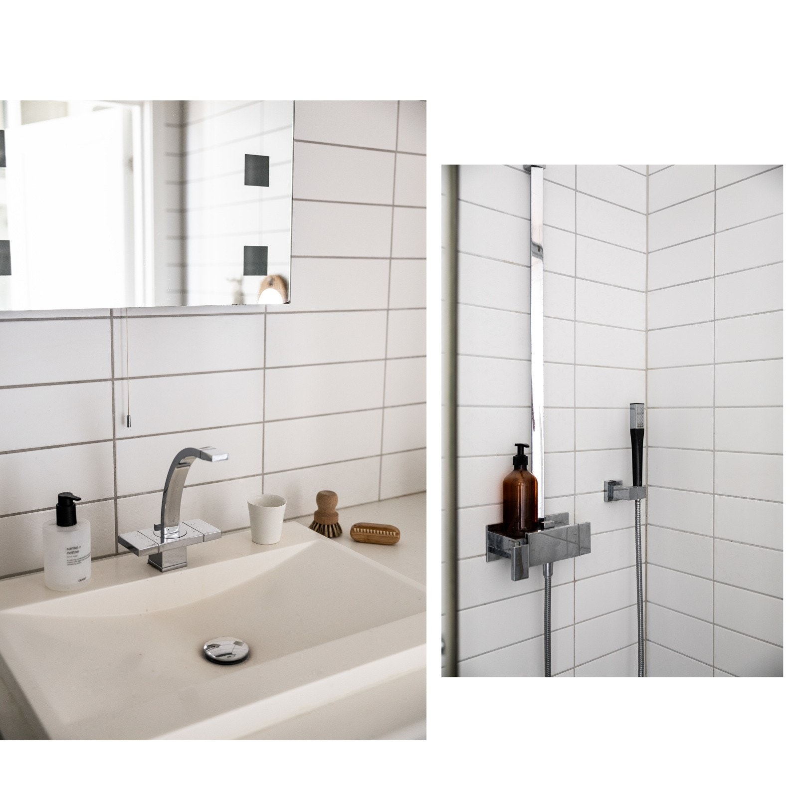 Badet har vegghengt benkeplate med ovenpåliggende servant. Galleribilde