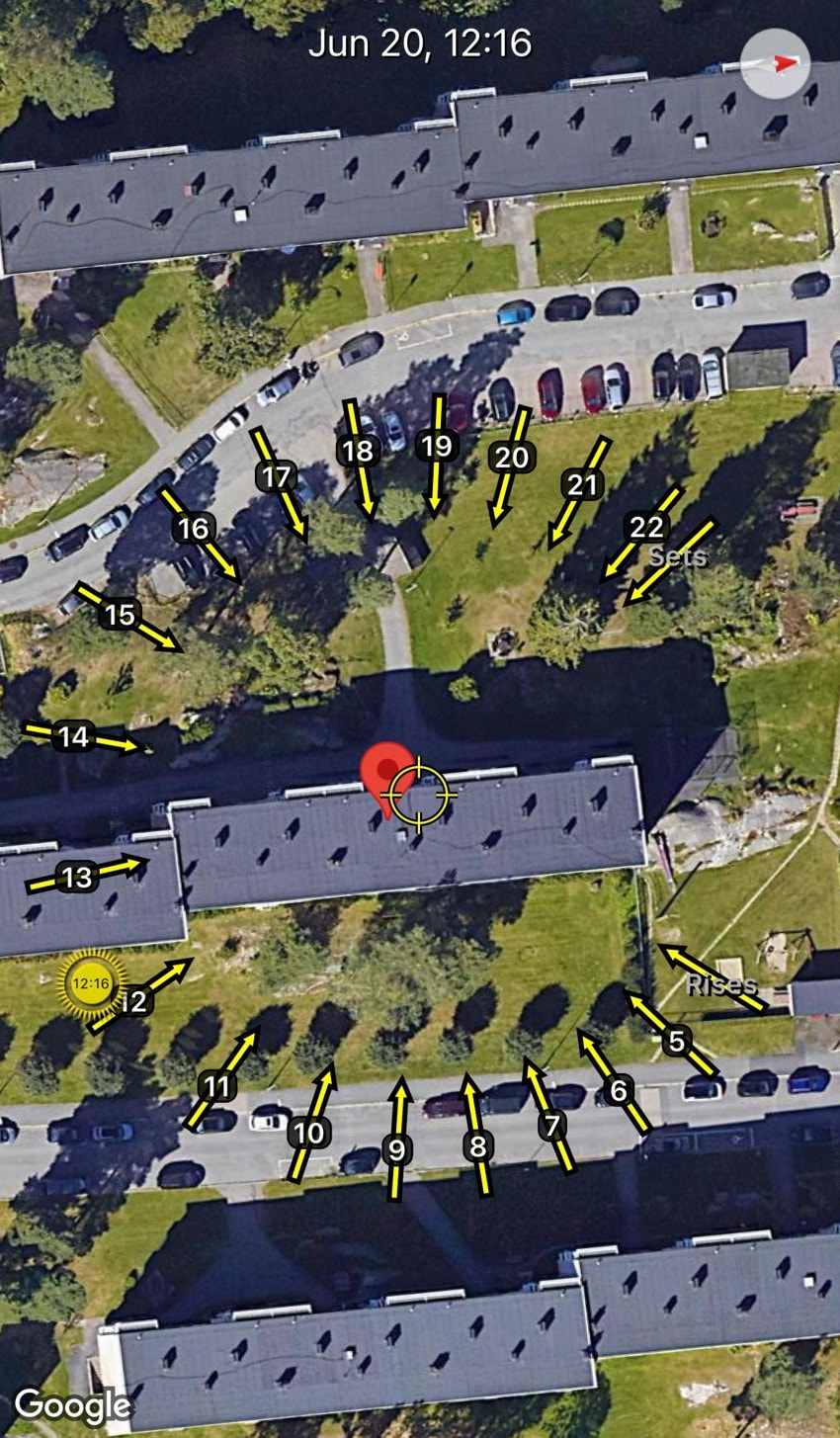 Solforhold - Bølerlia 62 (kilde: App Sunseeker / Google) Galleribilde