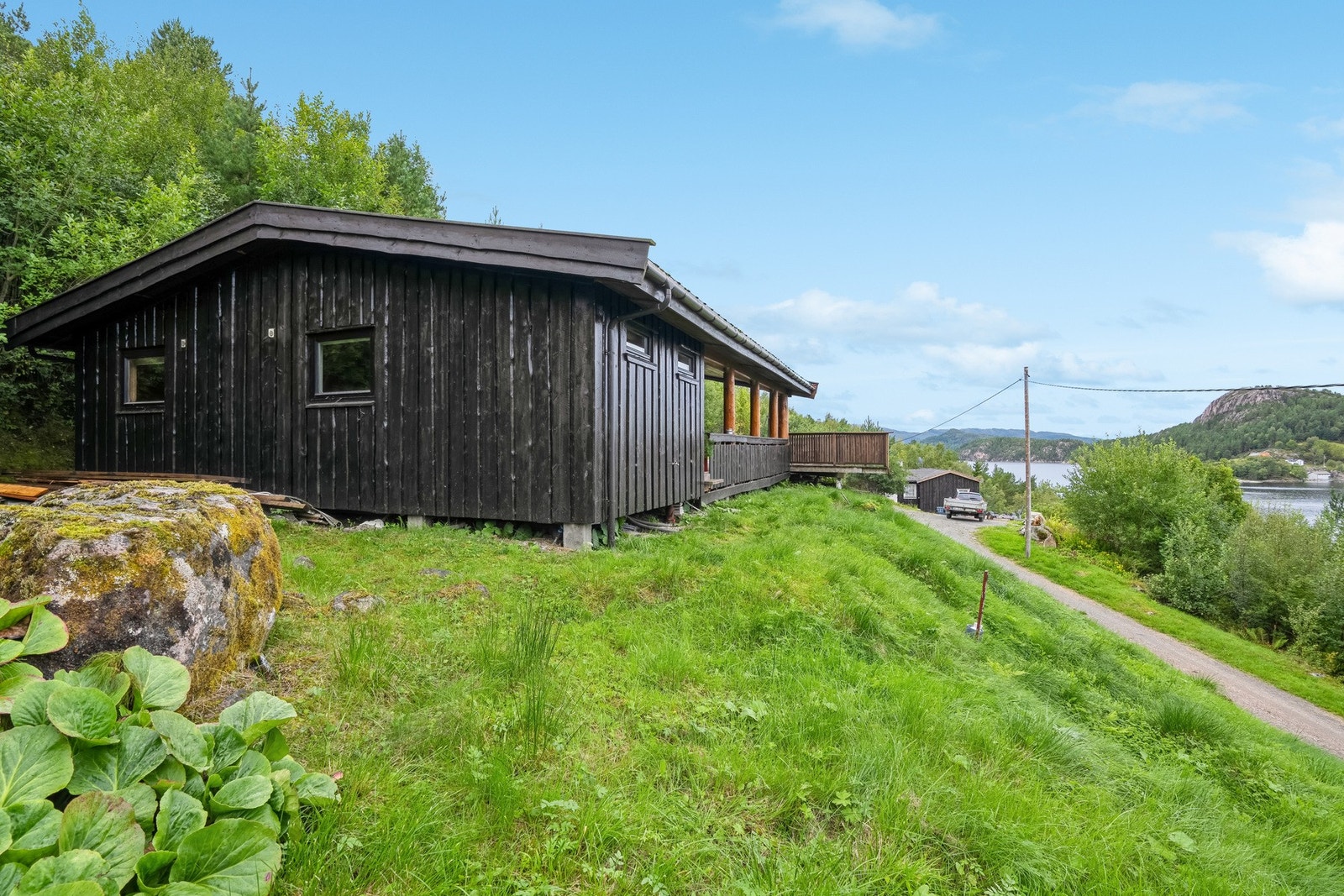 Tomten rundt hytta har gressarealer og stedlig vegetasjon. Galleribilde