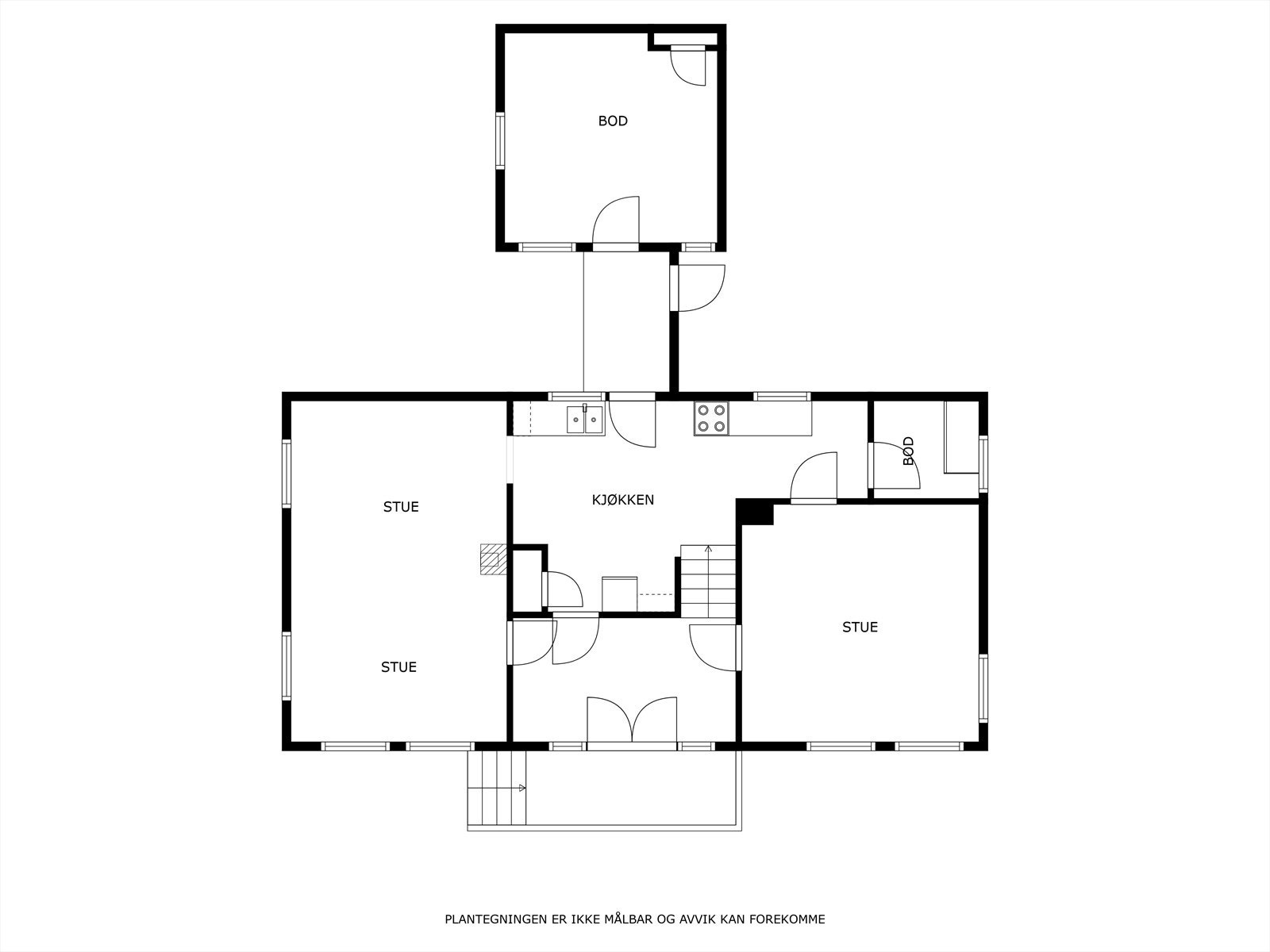1. etg. inneholder: hall m/trapp, 2 stuer, kjøkken og spisskammers (matbod) i tillegg til bakstehus på 13 kvm. Galleribilde