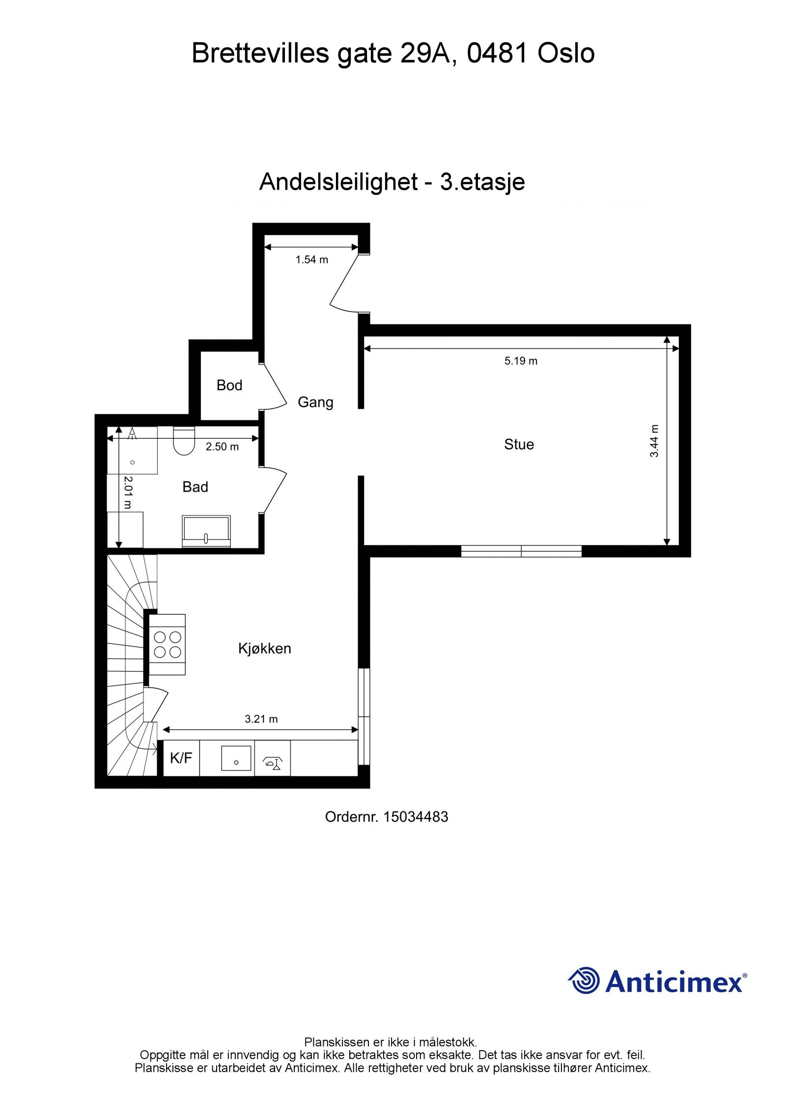Plantegning 3. etasje. I tillegg disponerer leiligheten en kjellerbod på ca. 9m², samt en loftsbod på ca. 4m². Galleribilde