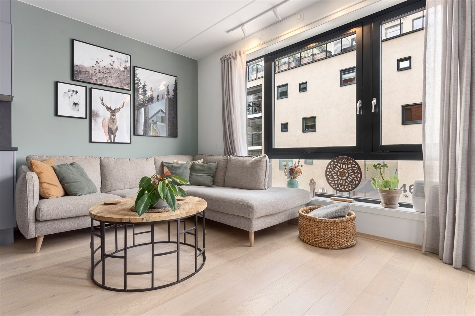 Leilighetens stue er malt i moderne farger og har store vinduer som slipper inn rikelig med dagslys. Galleribilde