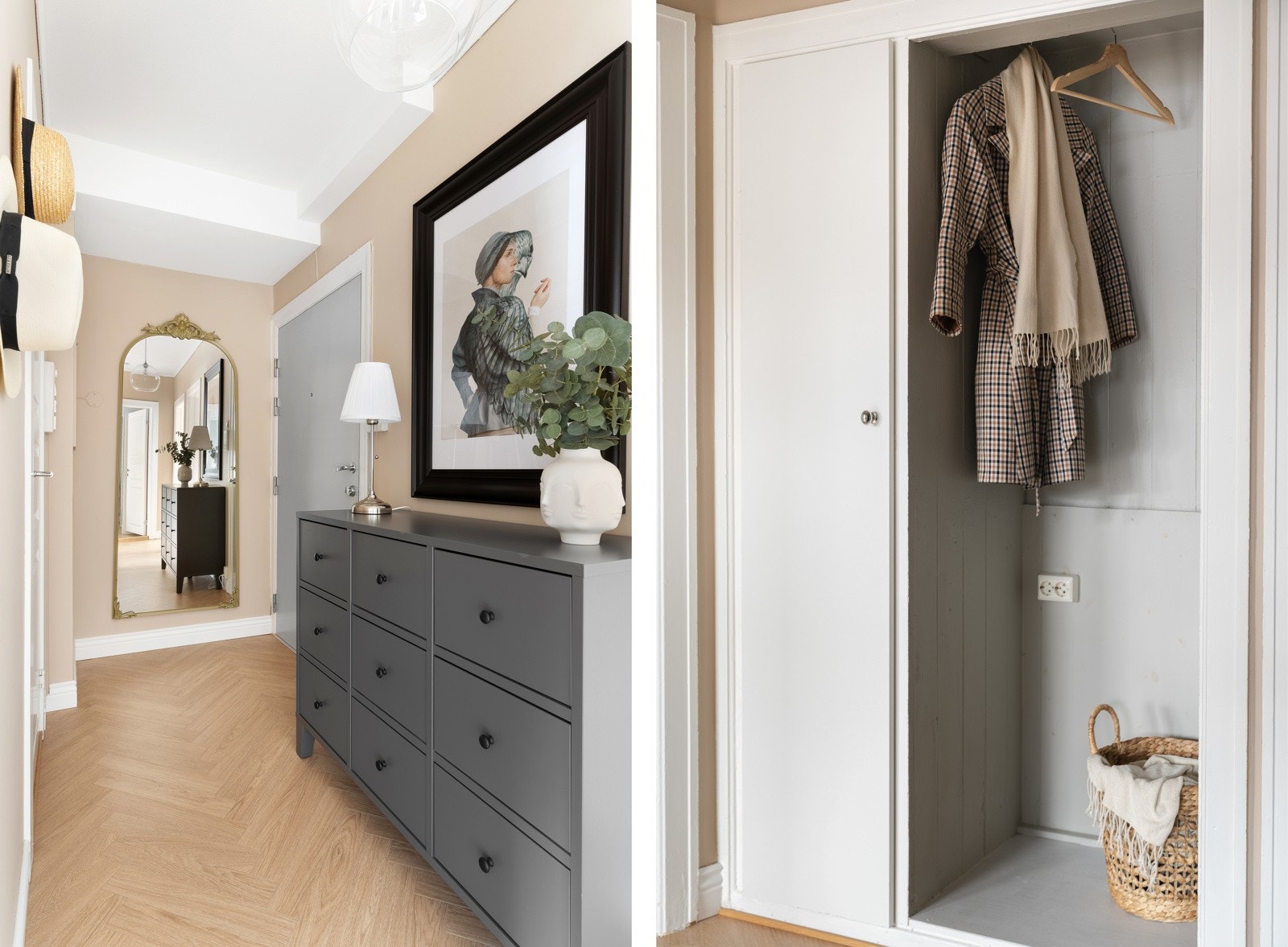 Her er det et garderobeskap med plass til oppbevaring, samt plass til å henge fra seg sko- og yttertøy. Galleribilde