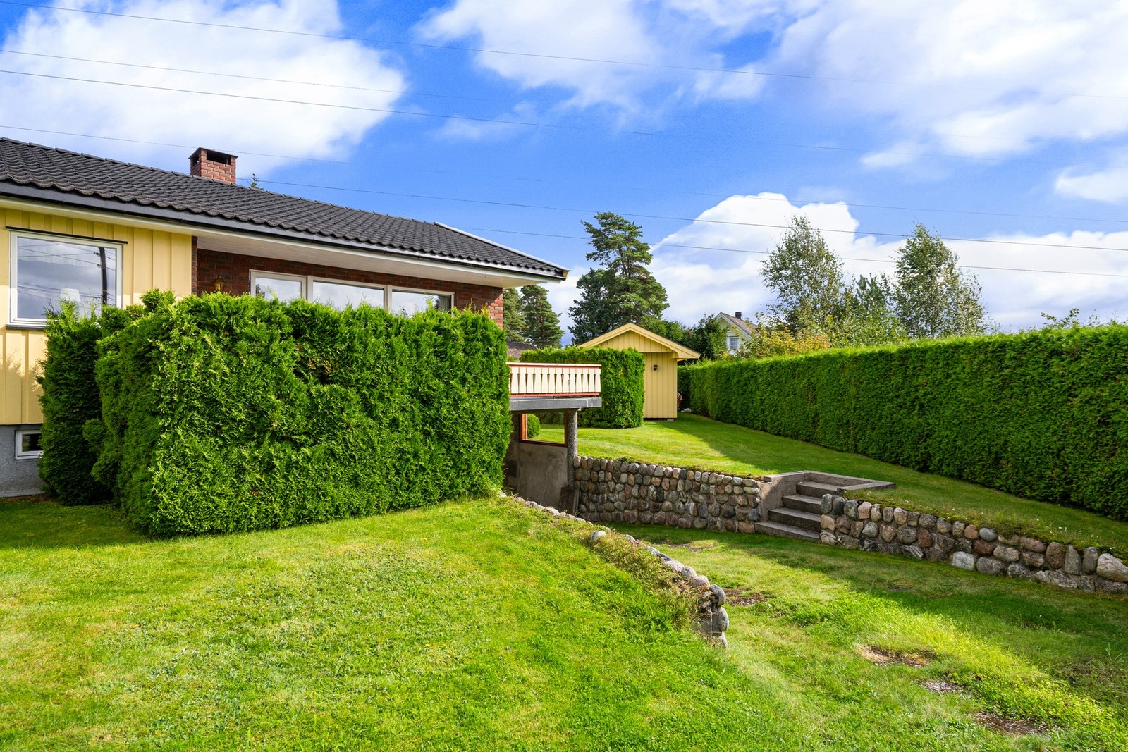 Pent opparbeidet hage med grøntareal slik som gressplen, hekkbeplantning og
prydbusker. Galleribilde