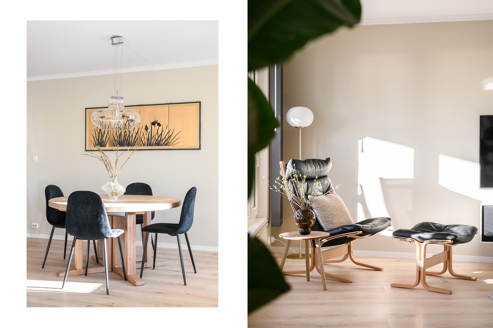 En-stavs laminatgulv fra 2022/23 og lysmalte veggoverflater. Galleribilde