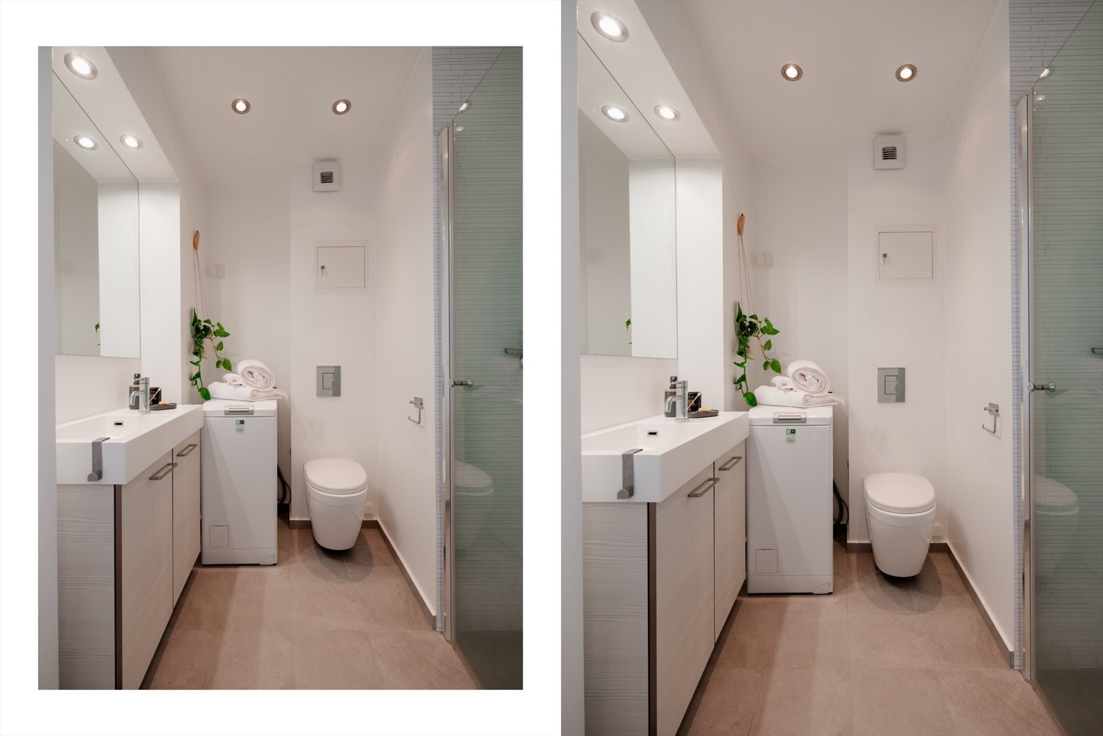 Badet er serdeles kvadratsmart, og innredet med servant på skap, vegghengt toalett og hjørnedusj. Det er også opplegg for vaskemaskin på badet, flott plassert inni hjørnet. Galleribilde