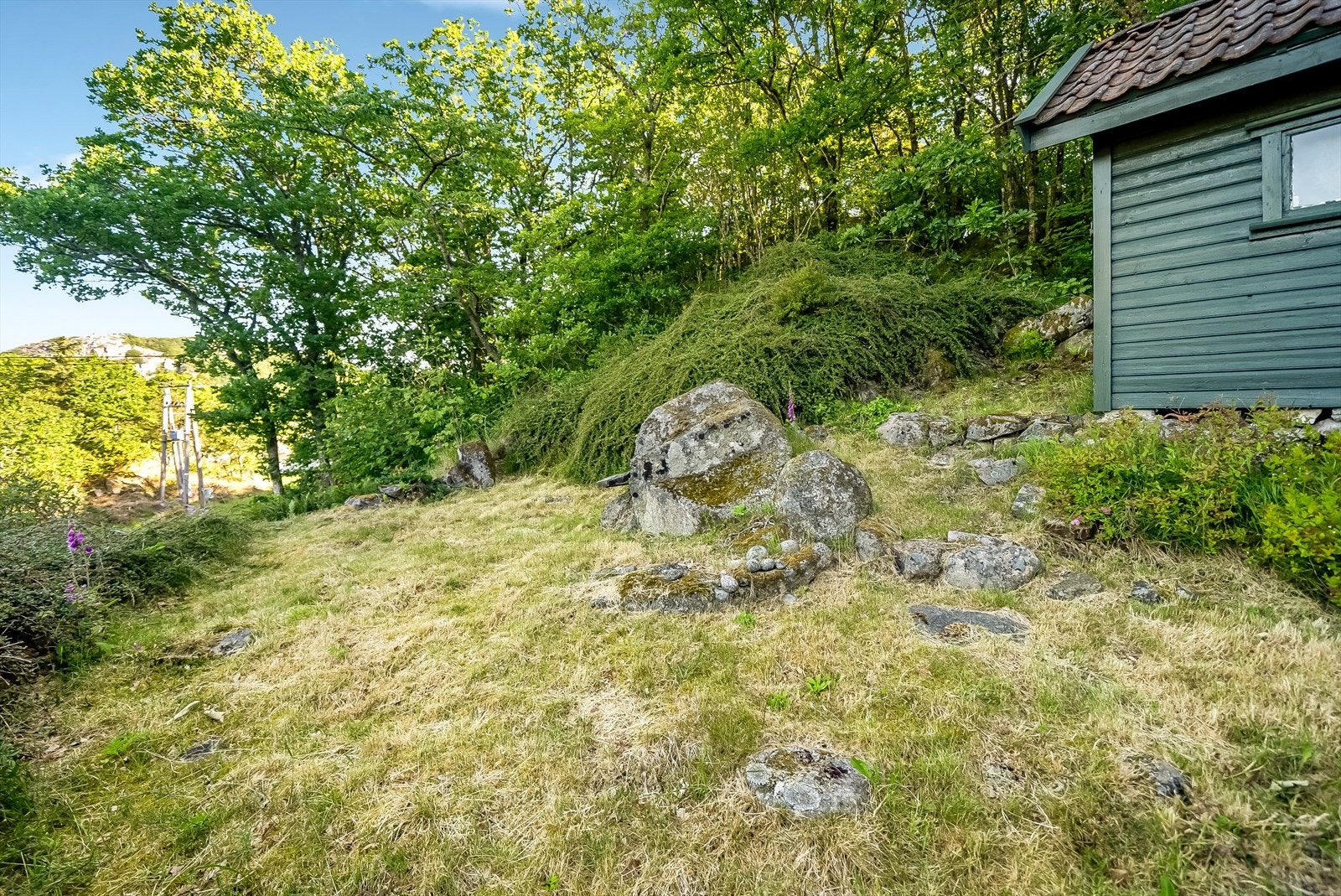 Skrånet tomt med sti opp til en bod. Galleribilde
