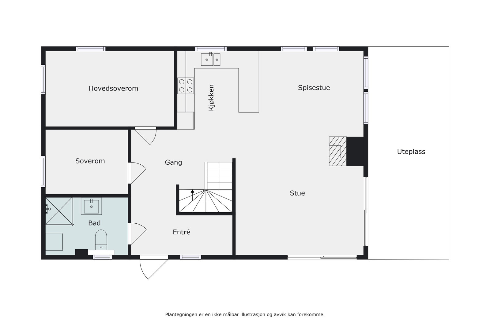 1. etasje har et åpent kjøkken og stue, to soverom og baderom. Merk at det kommer et tilbygg på hytten. Galleribilde