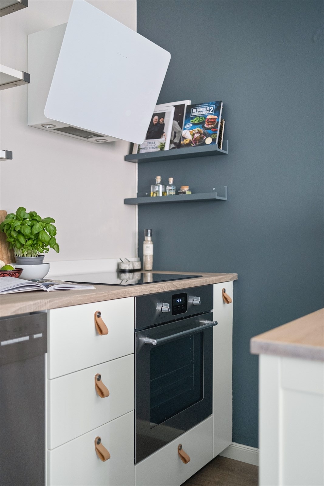 Integrert induksjonstopp, stekeovn og oppvaskmaskin. Kullfilterventilator over kokeplass. Galleribilde