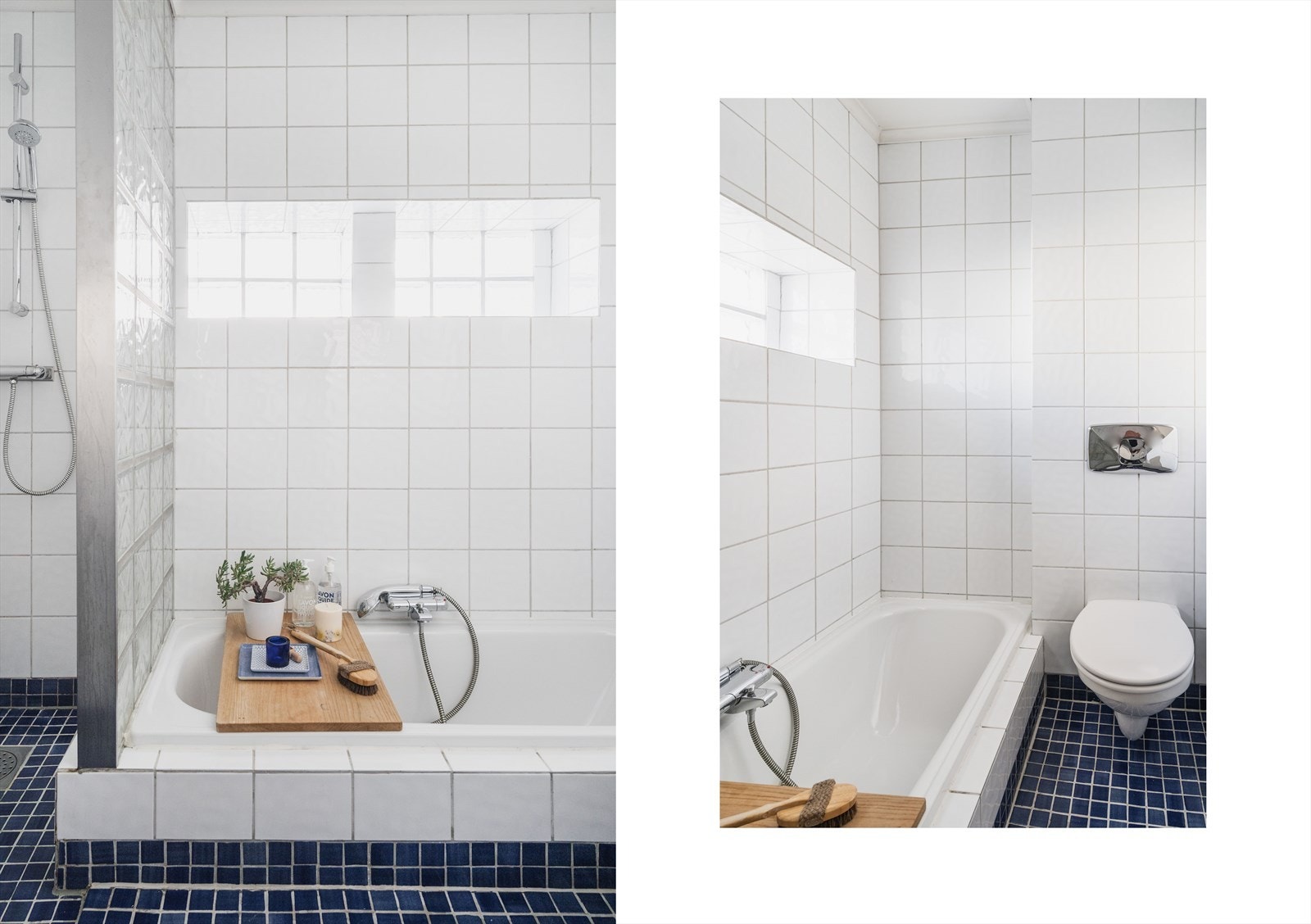 Badet er utstyrt med toalett, servant med innredning, dusj og badekar Galleribilde