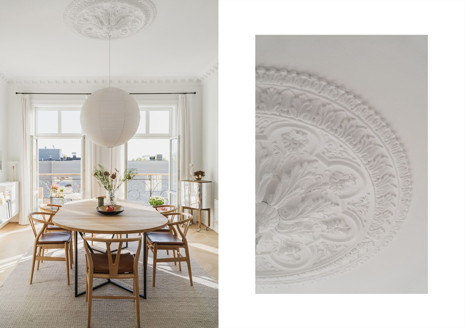 Leiligheten har nydelige detaljer som stukkatur, rosett og fiskebeinsparkett på gulv Galleribilde