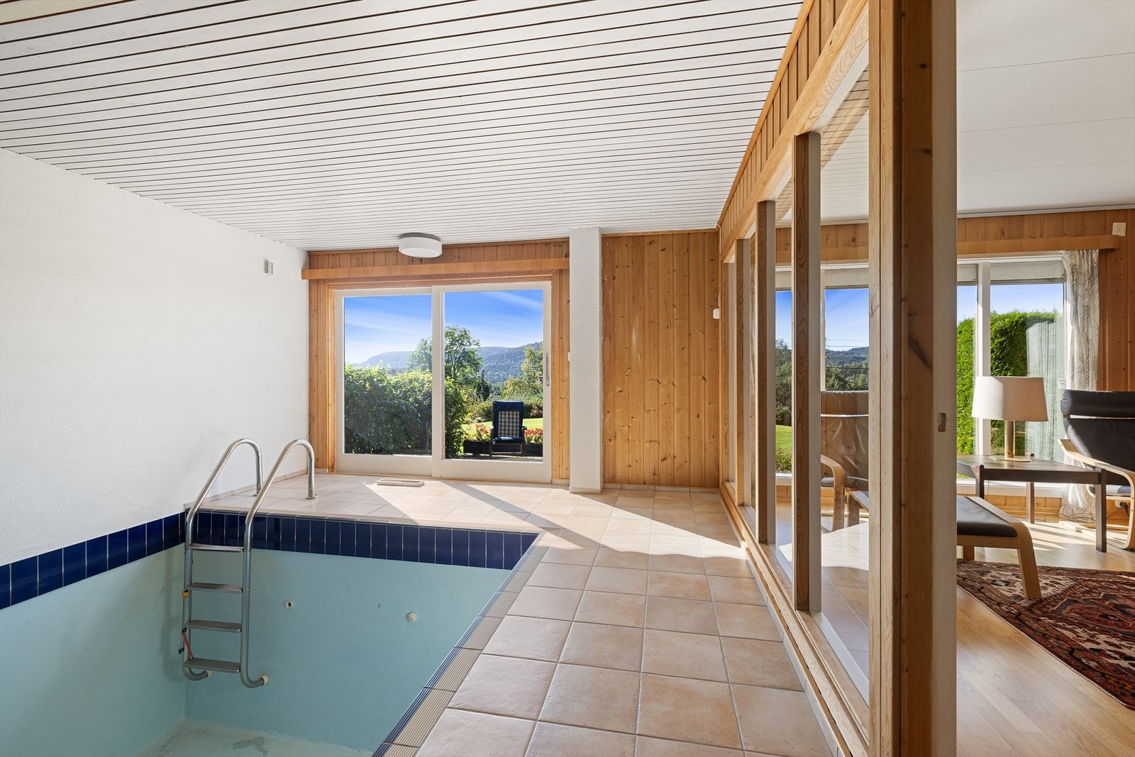 Her finner man en egen bassengdel som inkluderer badstue, svømmebasseng og dusj, med direkte adgang fra bassengområdet til hagen. Galleribilde