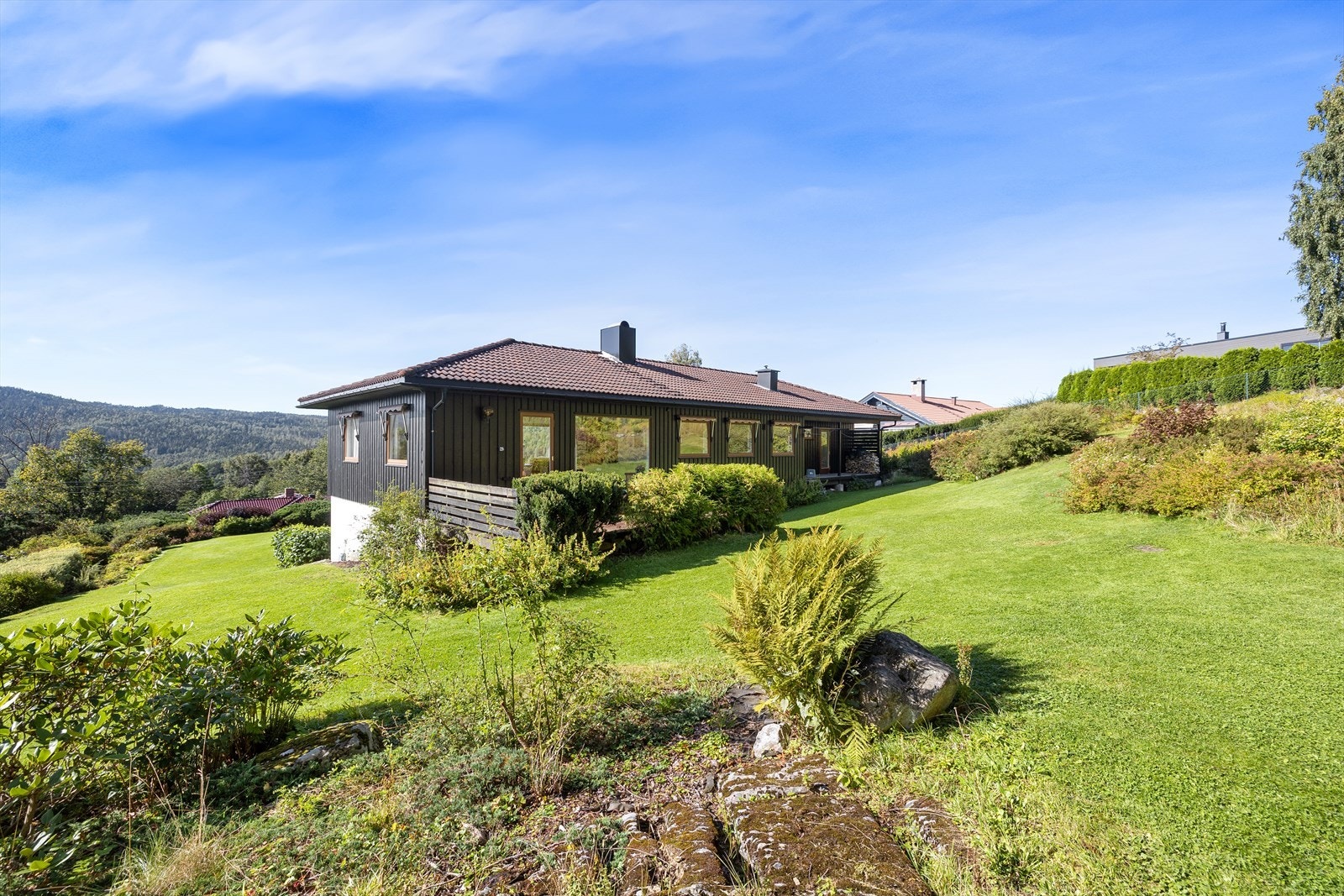 Tomten på ca. 1,6 mål er pent opparbeidet med en velstelt plen, busker og trær. Galleribilde