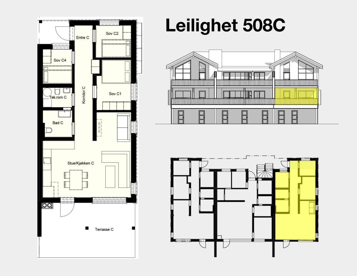 Illustrasjon av hjørneleiligheten til høyre i kvartsvegen 9. Plantegningen er kun ment som illustrasjon, og avvik kan forekomme. Galleribilde