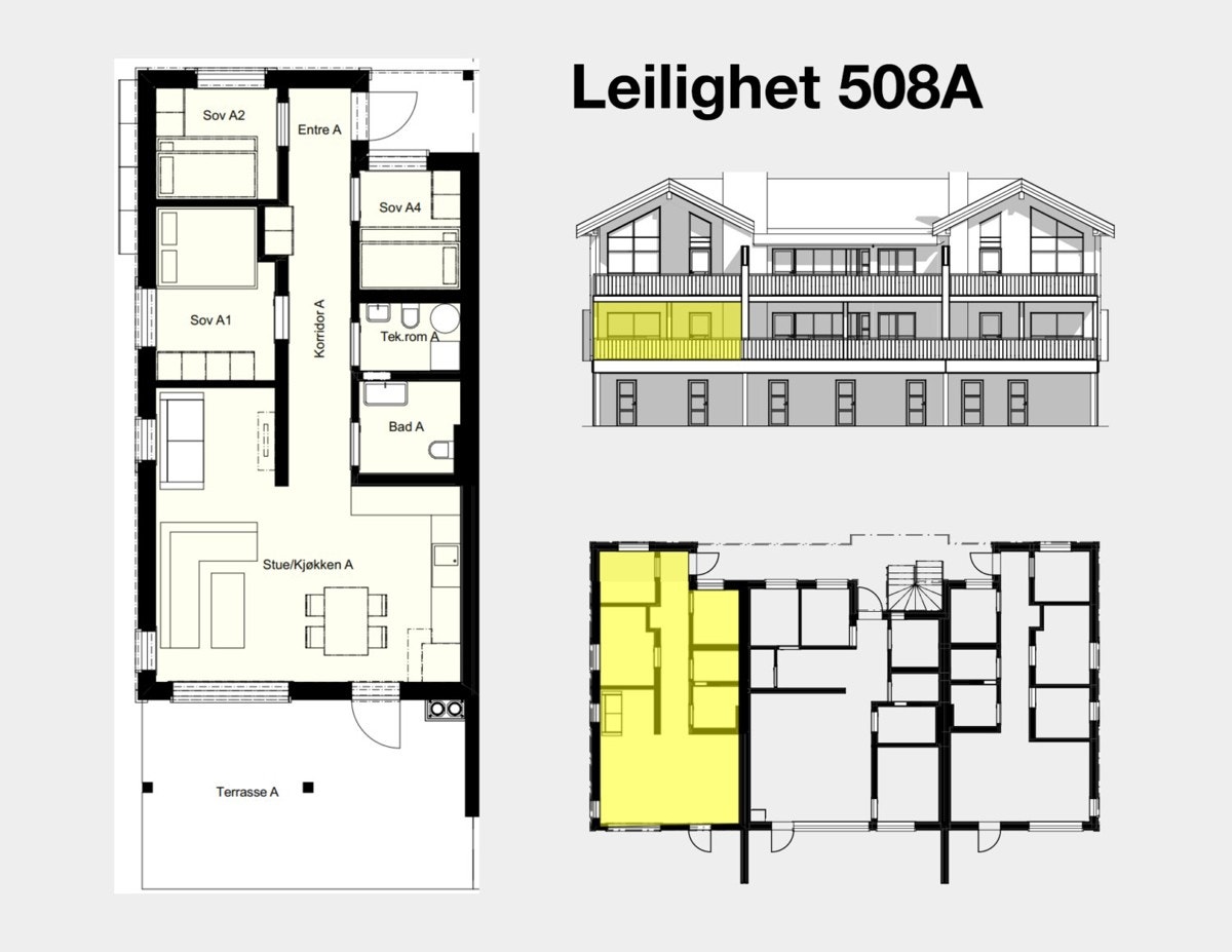 Illustrasjon av hjørneleiligheten til venstre i kvartsvegen 9. Plantegningen er kun ment som illustrasjon, og avvik kan forekomme. Galleribilde