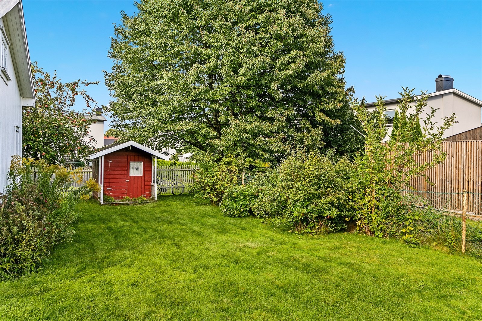 Tomten rikt er beplantet med diverse prydbusker, frukttrær og hekk Galleribilde
