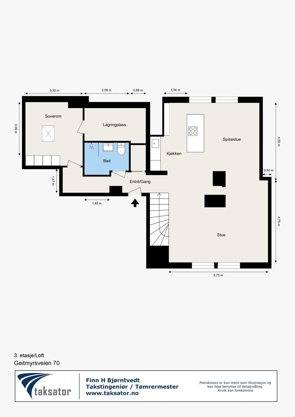 Plantegning 3. etasje. *)merk at lagringsplass bak bad grunnet skråtak er vesentlig mindre enn det ser ut til på skissen Galleribilde