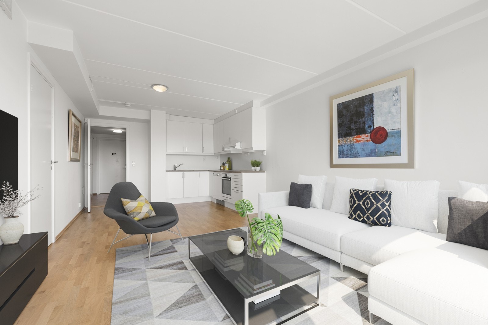 Dette er en innbydende 3-roms leilighet beliggende over Årvollsenter i 2.etasje. (Illustrasjonsbilde av hvordan stue/kjøkken kan møbleres). Galleribilde