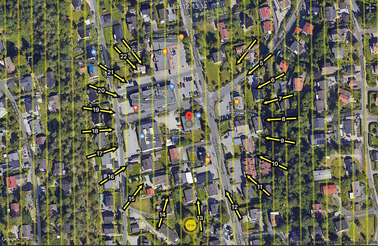 Soldiagram pr. 21. juni, gir en god indikasjon på eiendommens flotte solforhold. Galleribilde