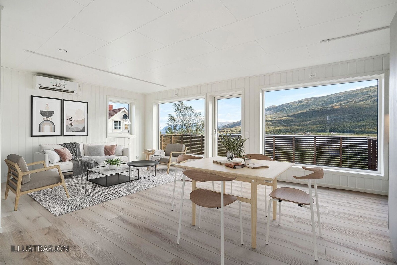 Fra gangen så kommer du inn i en lys og trivelig stue med store vinduer i front (bilder er fra tilsvarende speilvendt leilighet i 2 etg/bildet er digitalt møblert) Galleribilde