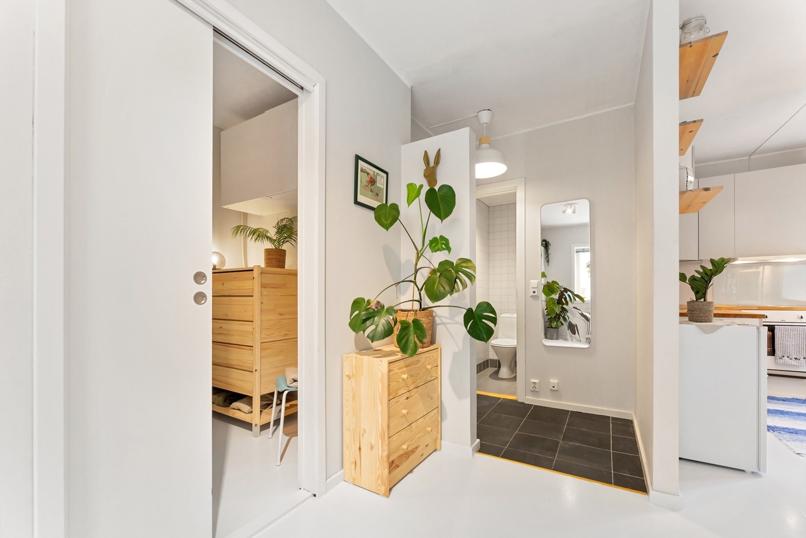 Flislagt entré som gir et godt førsteinntrykk av boligen, det er mulighet for oppheng av jakker langs veggen. Galleribilde