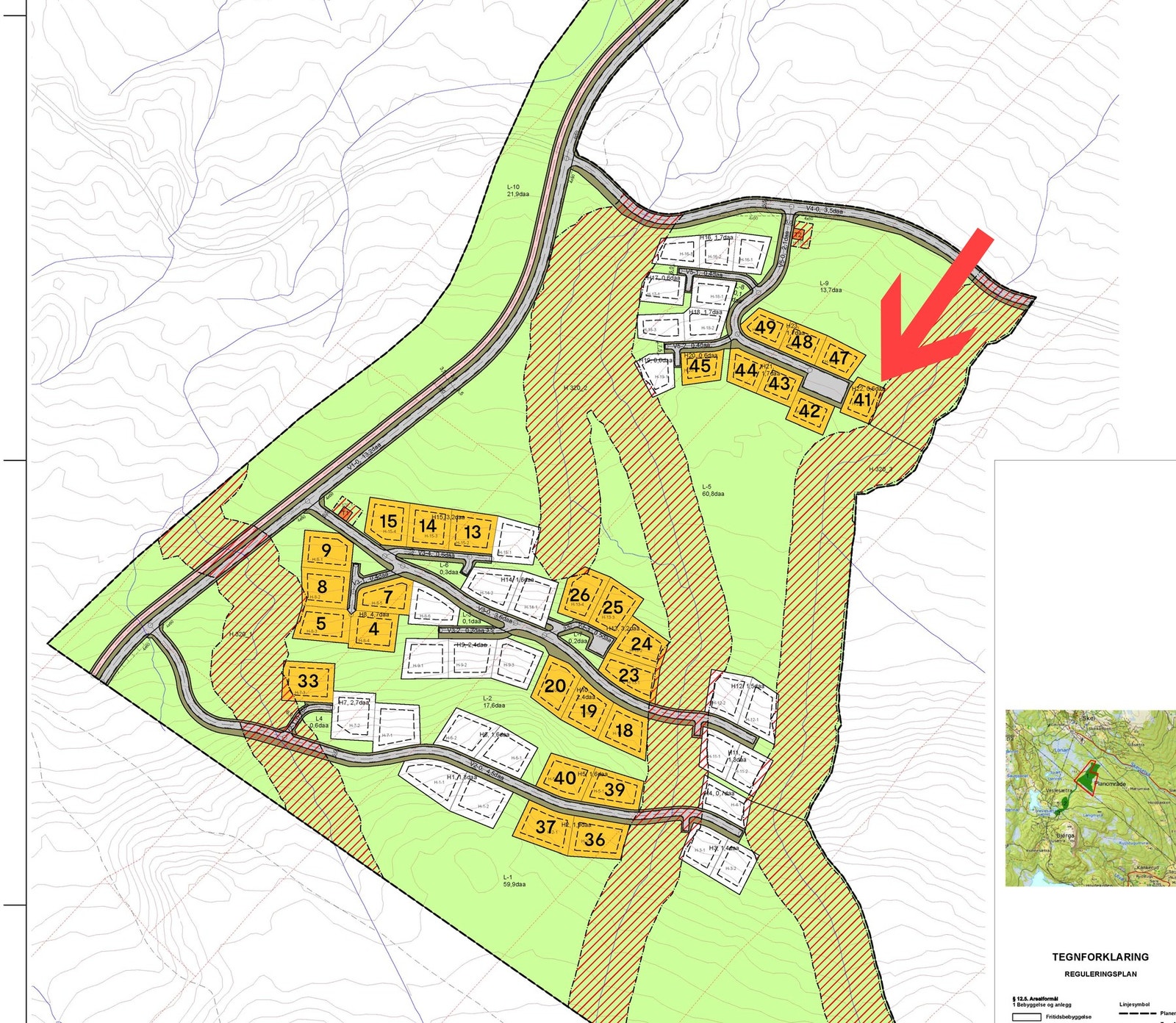 Situasjonskart tomter. Tomt 41 markert. Det er kun tomt 41 og 49 som er ledig her. Galleribilde