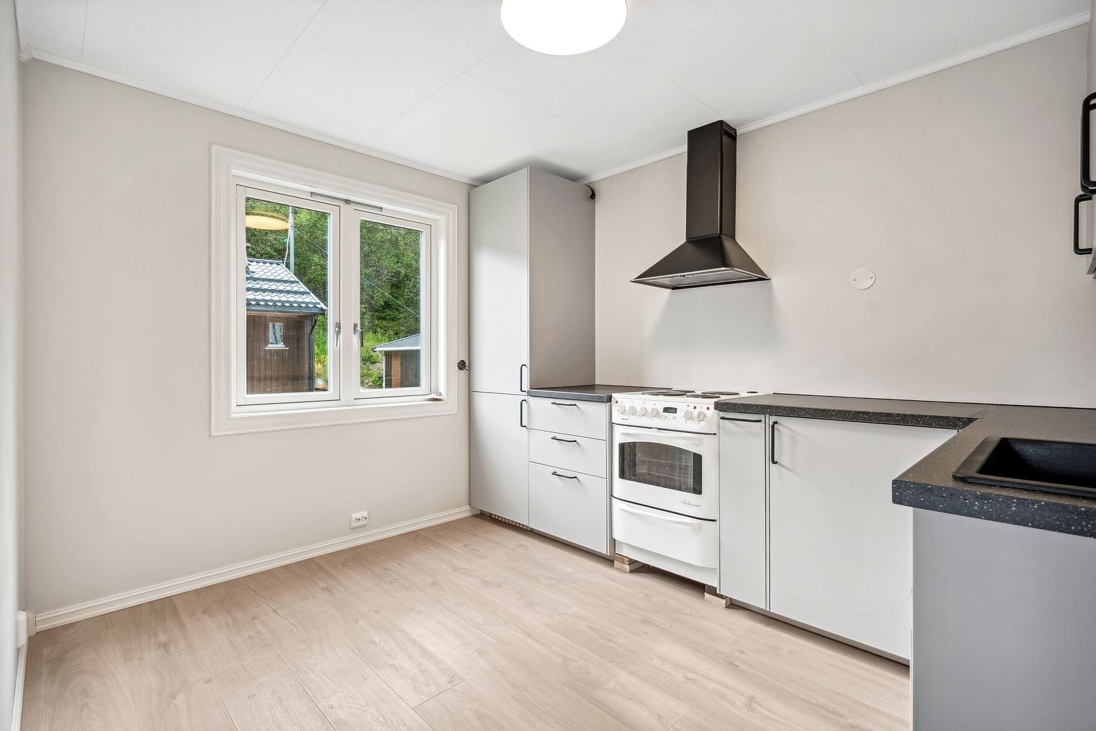 Nyoppusset kjøkken. Hvitevarer følger med (komiskap, komfyr og oppvaskmaskin). Galleribilde