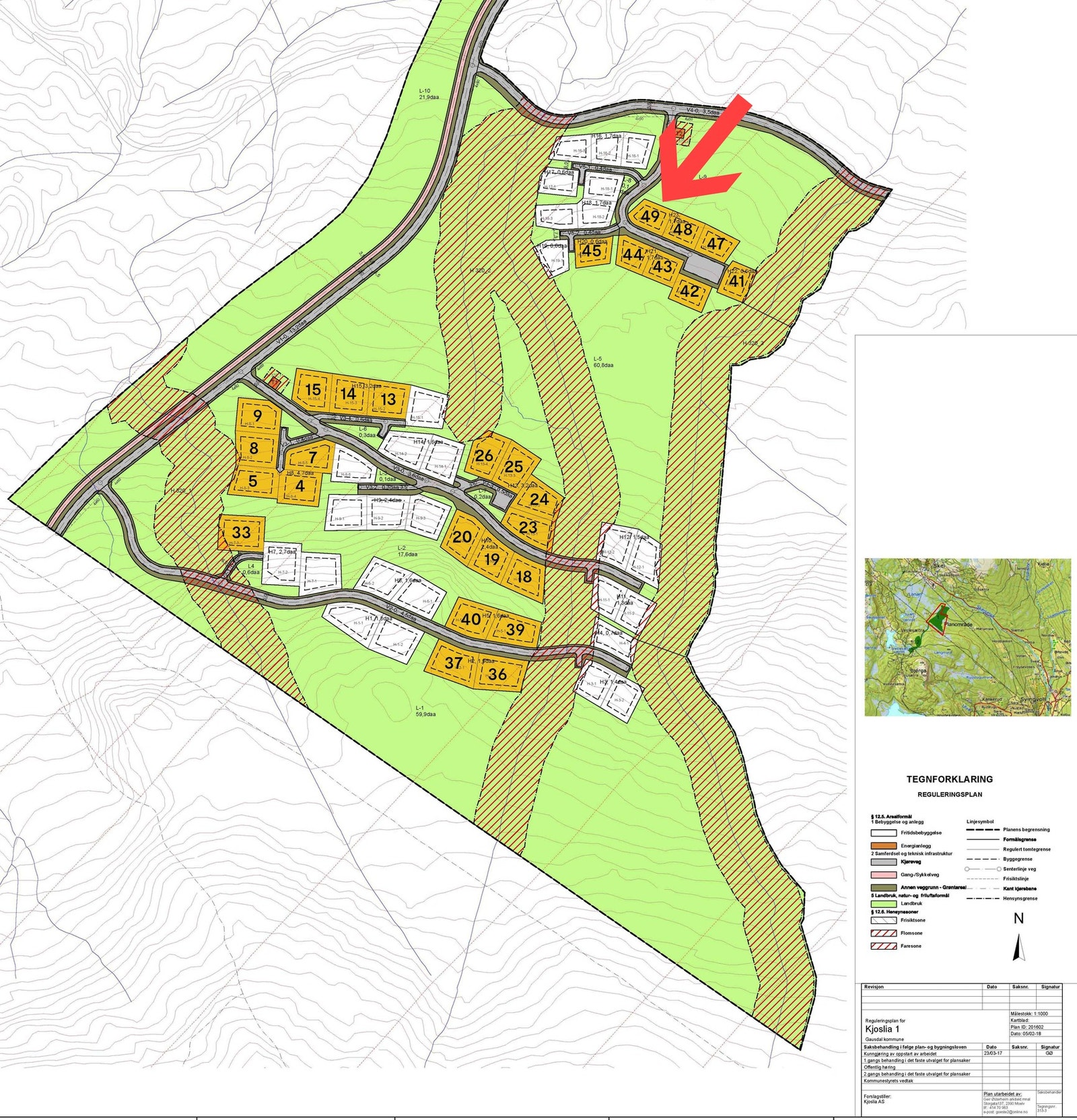 Situasjonskart tomter. Tomt 49 markert. Det er kun tomt 41 og 49 som er ledig her. Galleribilde