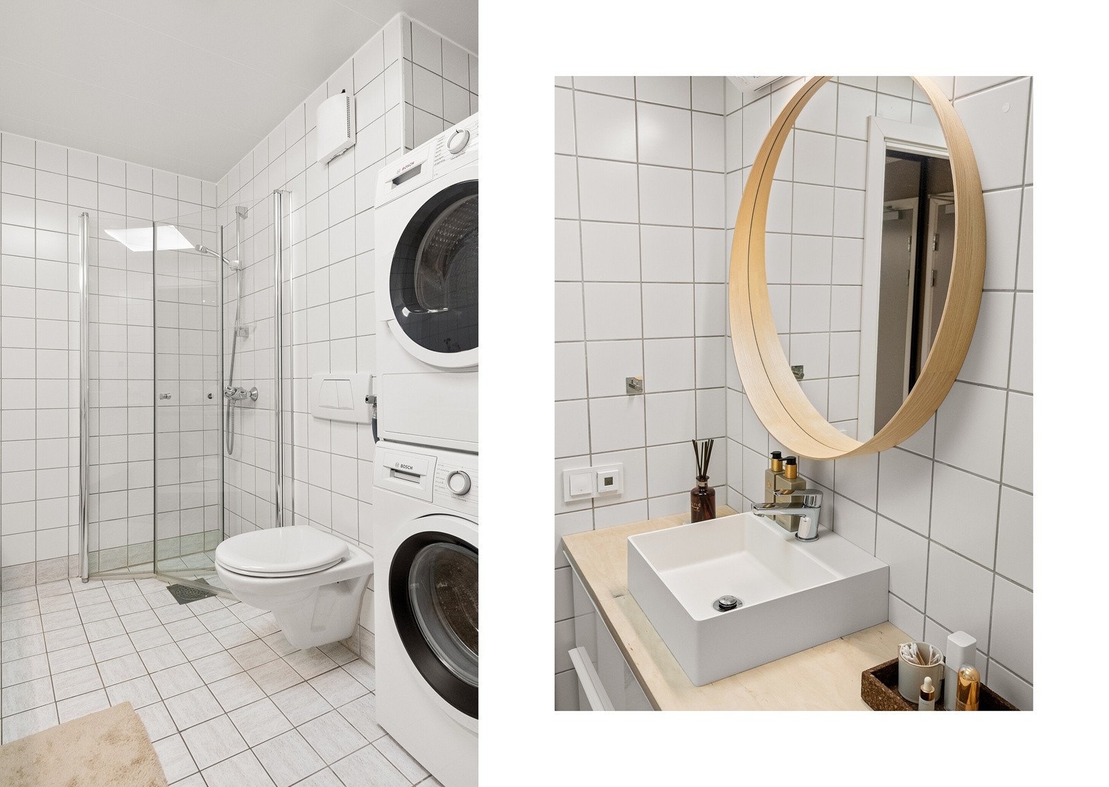 Badet er flislagt med varmekabler i gulv og veggmontert toalett. Dusjhjørne med plassbesparende glassdører som kan svinges inn utenom bruk, opplegg til vaskemaskin og plass for tørketrommel. Galleribilde