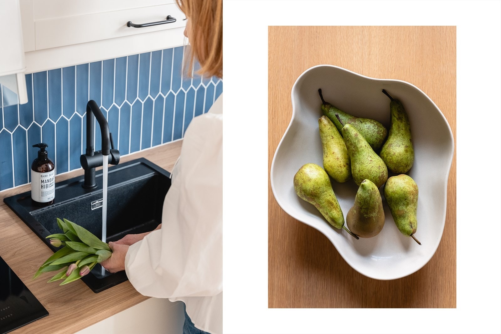 På kjøkkenet er det montert ny benkeplate, vask, delikate fliser over vask og blandebatteri. Galleribilde