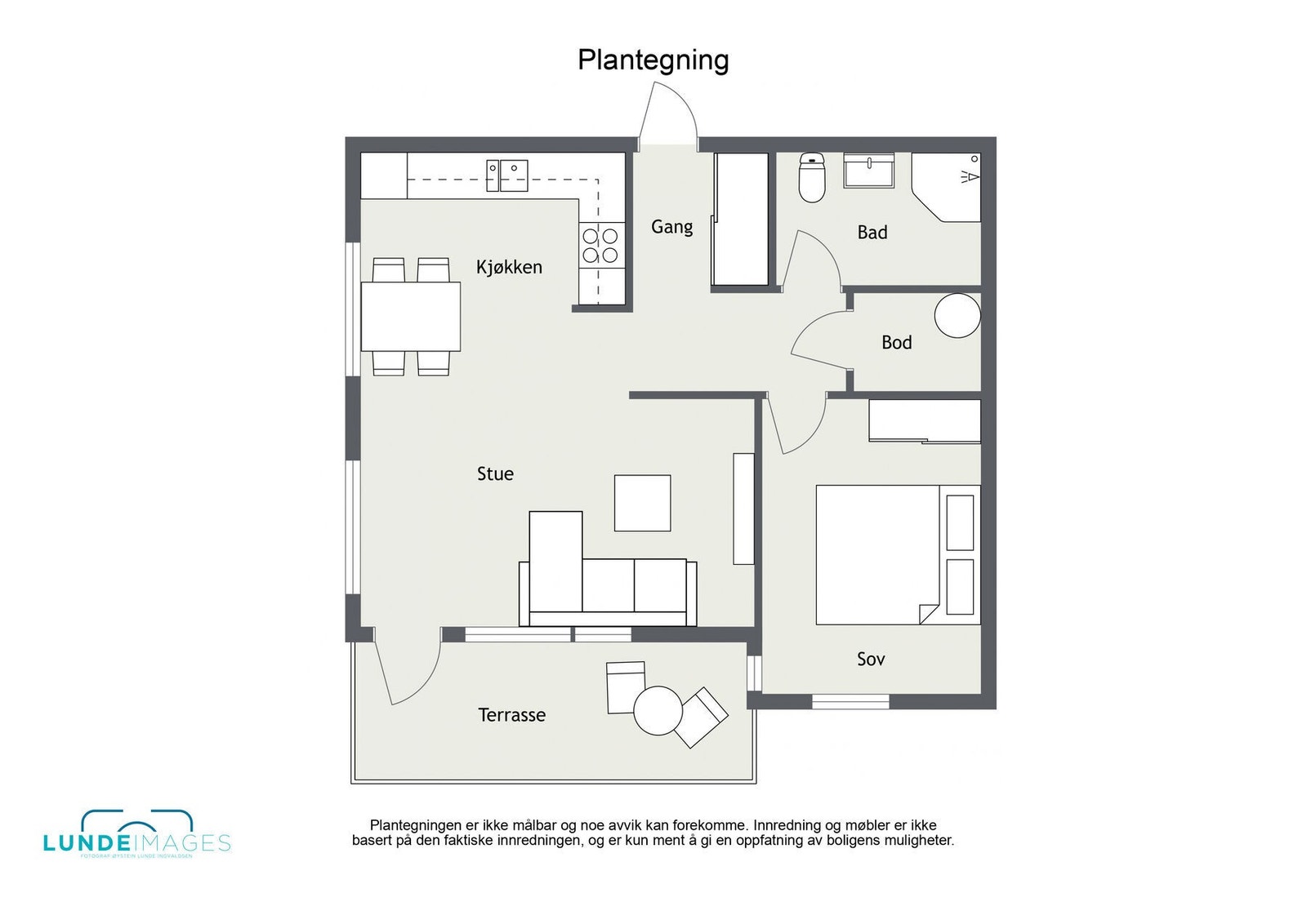 Plantegning - ikke målbar - leiligheten har et BRA-i på 50 kvm. Galleribilde