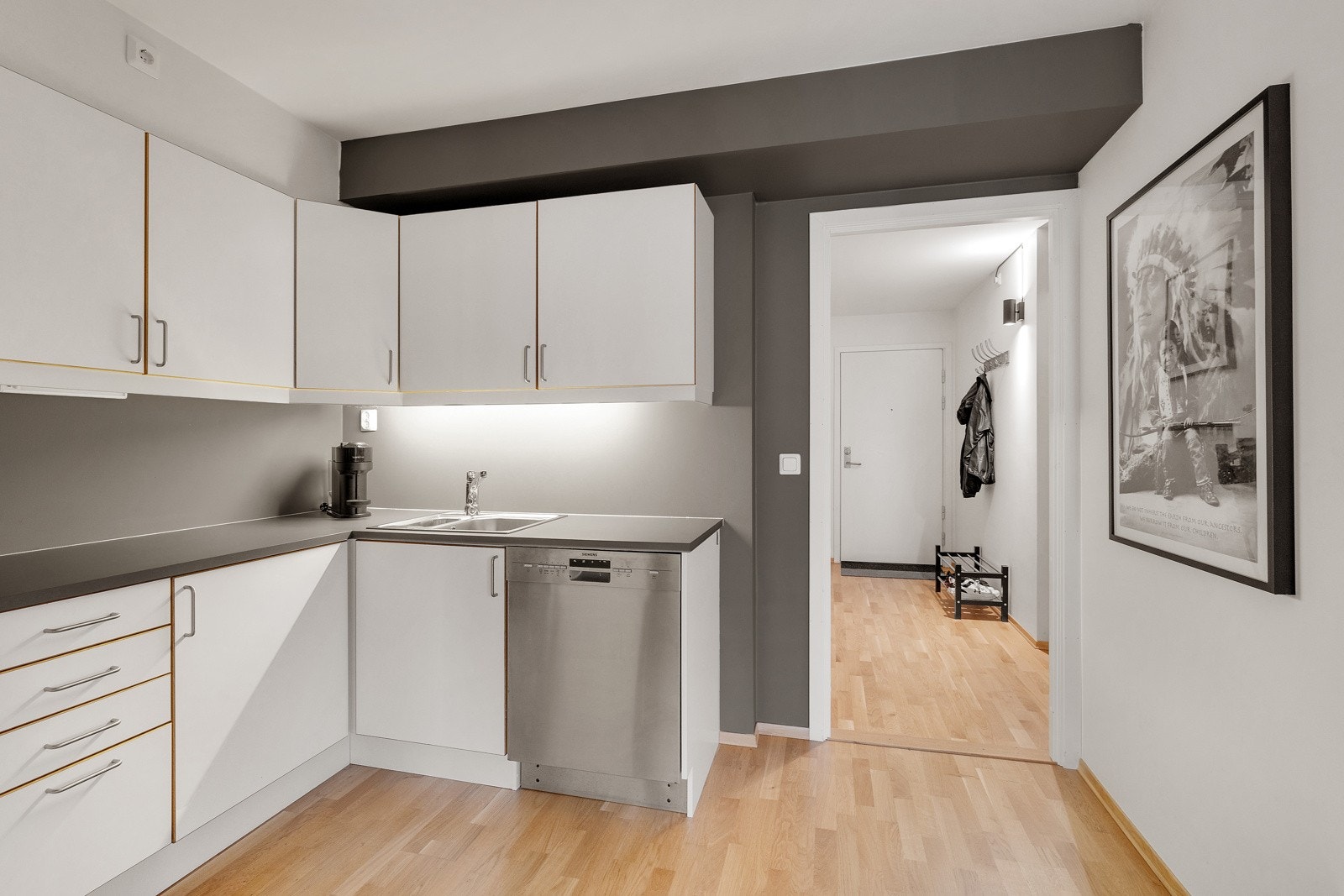 Det medfølger innfelte hvitevarer som stekeovn, induksjonsplatetopp og oppvaskmaskin, samt frittstående kjøl/frys. Galleribilde