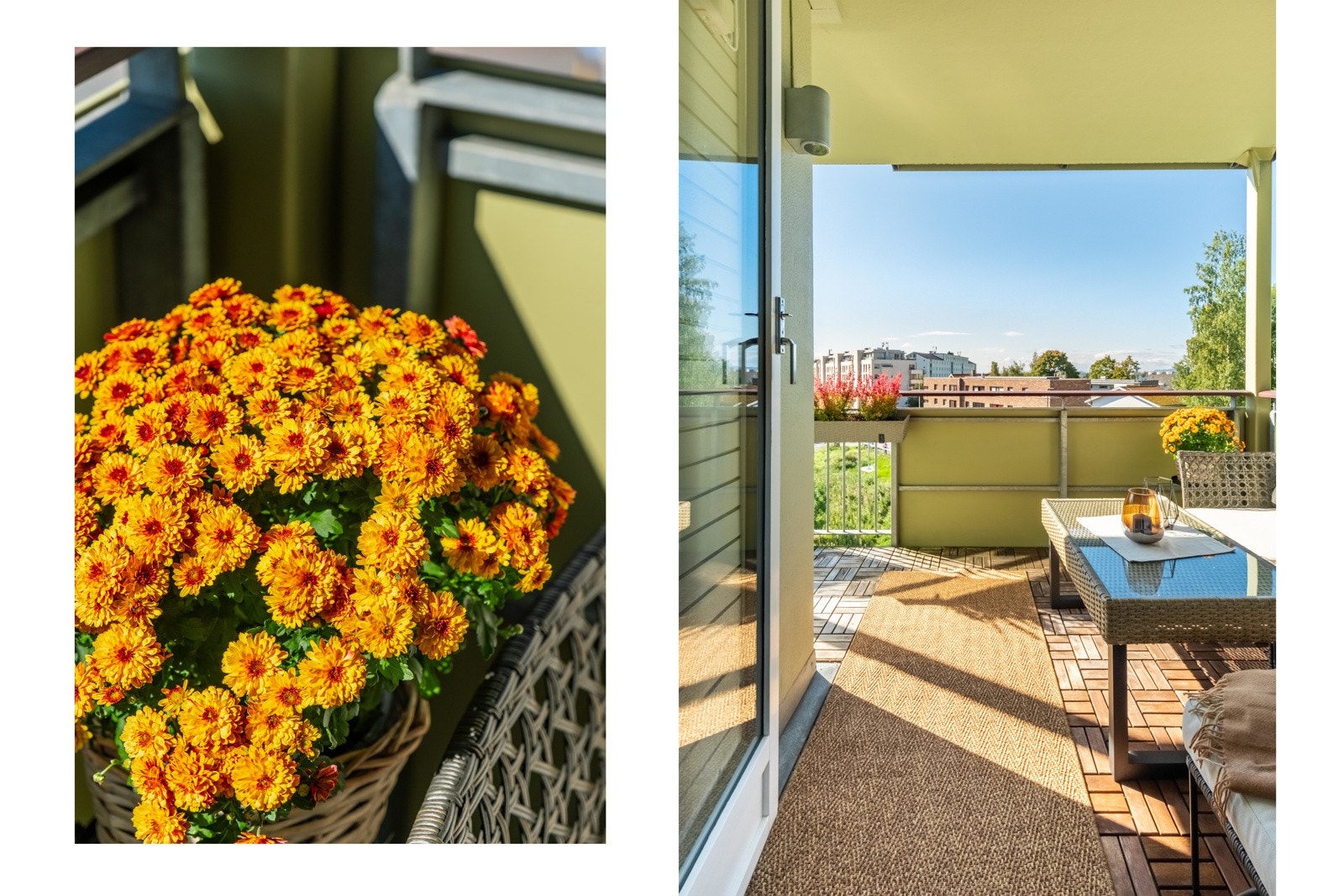 Balkongen er sydvestvendt, som gir optimale solforhold midt på sommeren fra ca. klokka 10:00 til 21:00-22:00. Galleribilde