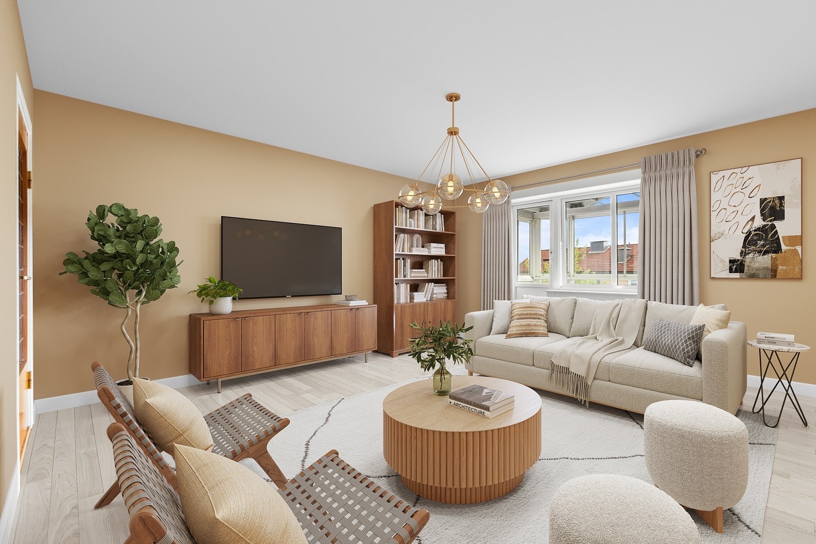 Digital styling. Praktisk stue med gode møbleringsmuligheter. Galleribilde