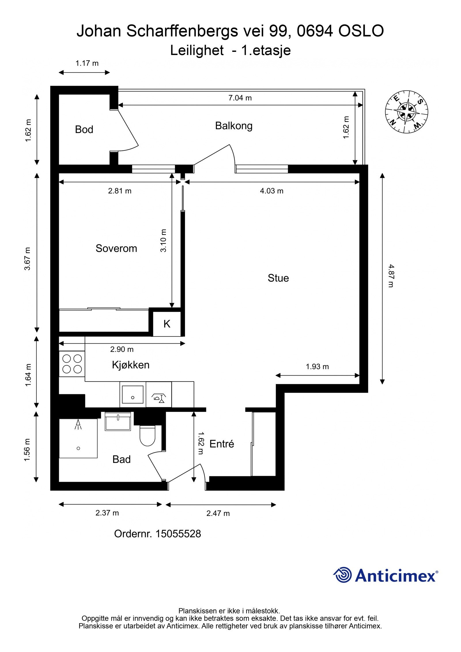 Plantegning. I tillegg disponerer leiligheten en kjellerbod på ca. 3m² og en bod på balkong på ca. 2m². Galleribilde