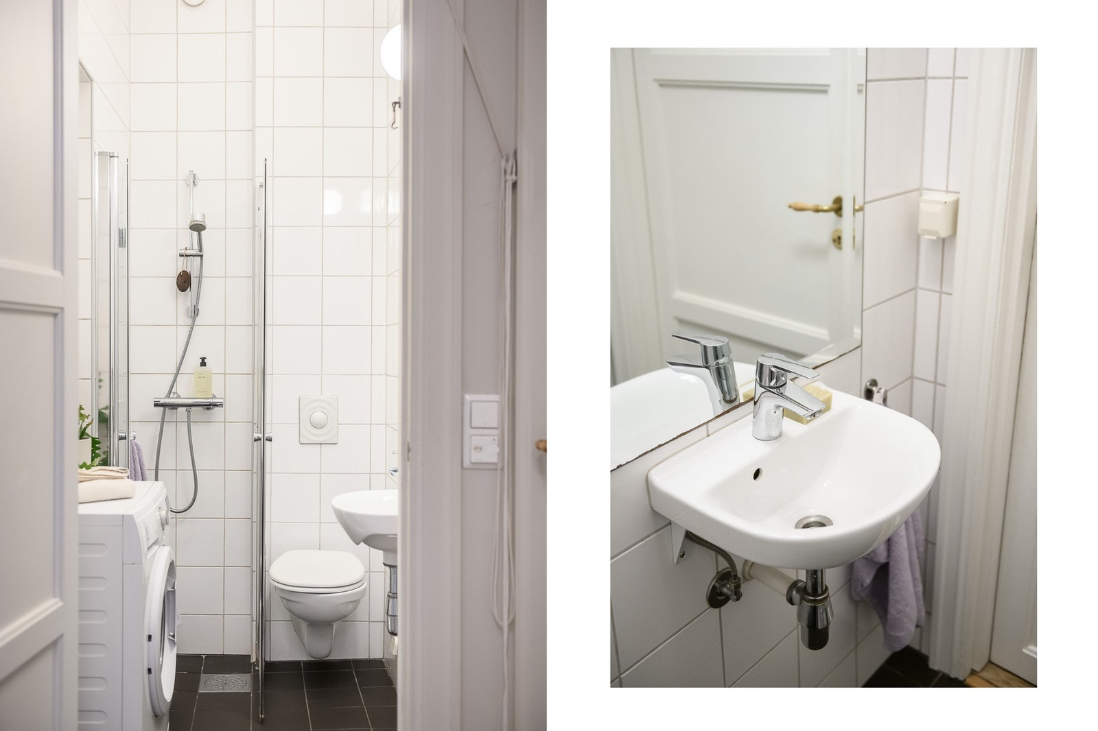 Badet er fra 2007, smart innredet med veggmontert toalett, servant, speil, dusjhjørne og opplegg for vaskemaskin. Galleribilde