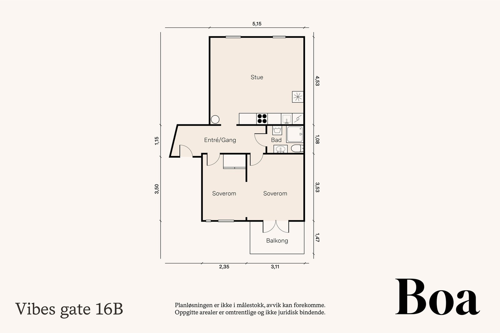 4. etasje: Entré/gang, stue/kjøkken, dusj/wc og soverom.
Leiligheten disponerer i tillegg en tørr loftsbod på ca. 3,4 kvm og en kjellerbod på ca. 7 kvm. Galleribilde