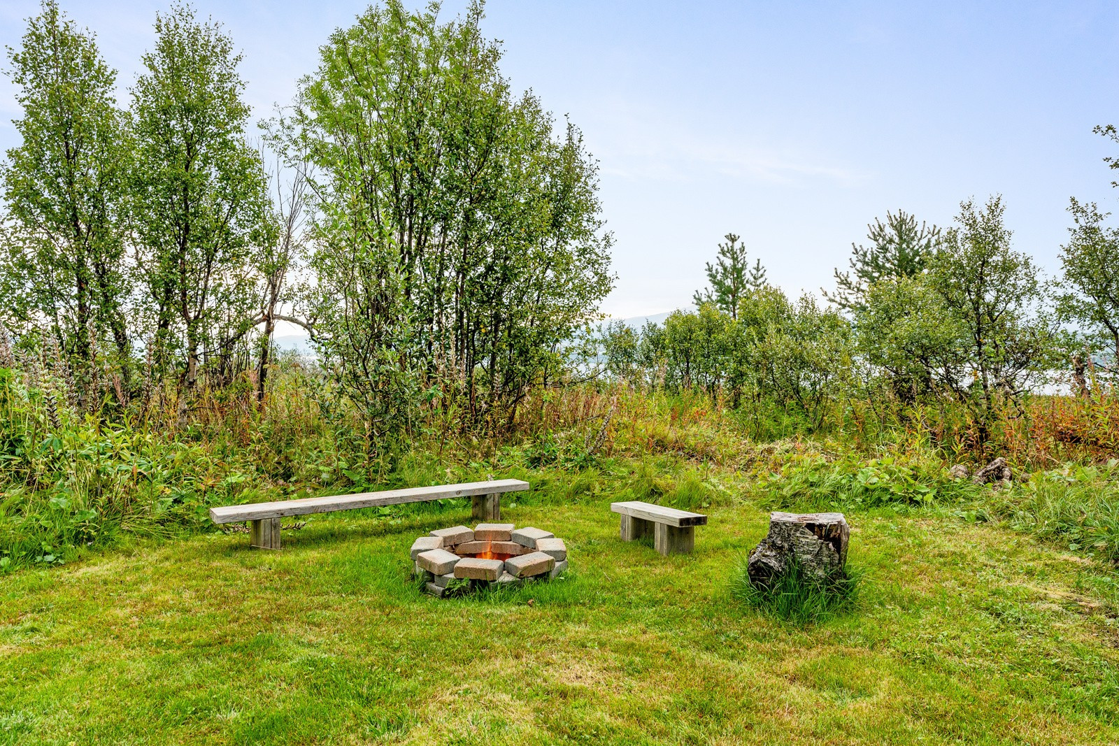 Flotte fellesareal med plen, bålplass og badstue.