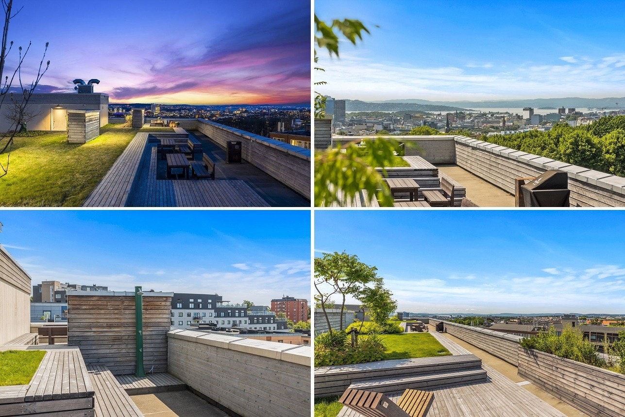 Sameiet har en stor og svært pent opparbeidet felles takterrasse. Takterrassen har plen, beplantning, belysning, utedusj, sittegrupper, praktfull utsikt og sol hele dagen. Galleribilde